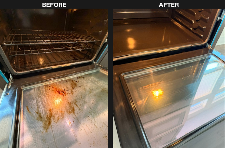 Transition of an oven before and after Fock Cleaning's cleaning service in Austin, TX.