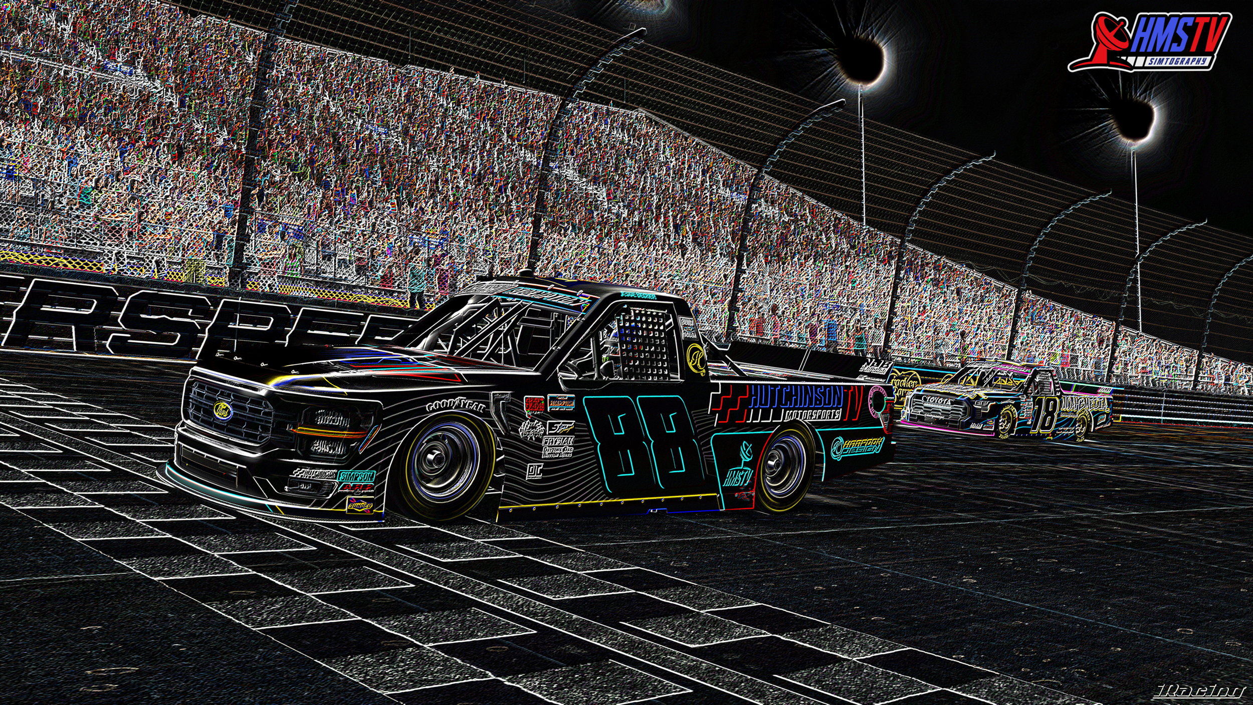 Two race trucks on a dirt track at night with a large, filled grandstand and illuminated by overhead lights, and a logo for HMSTV Simtography in the corner.