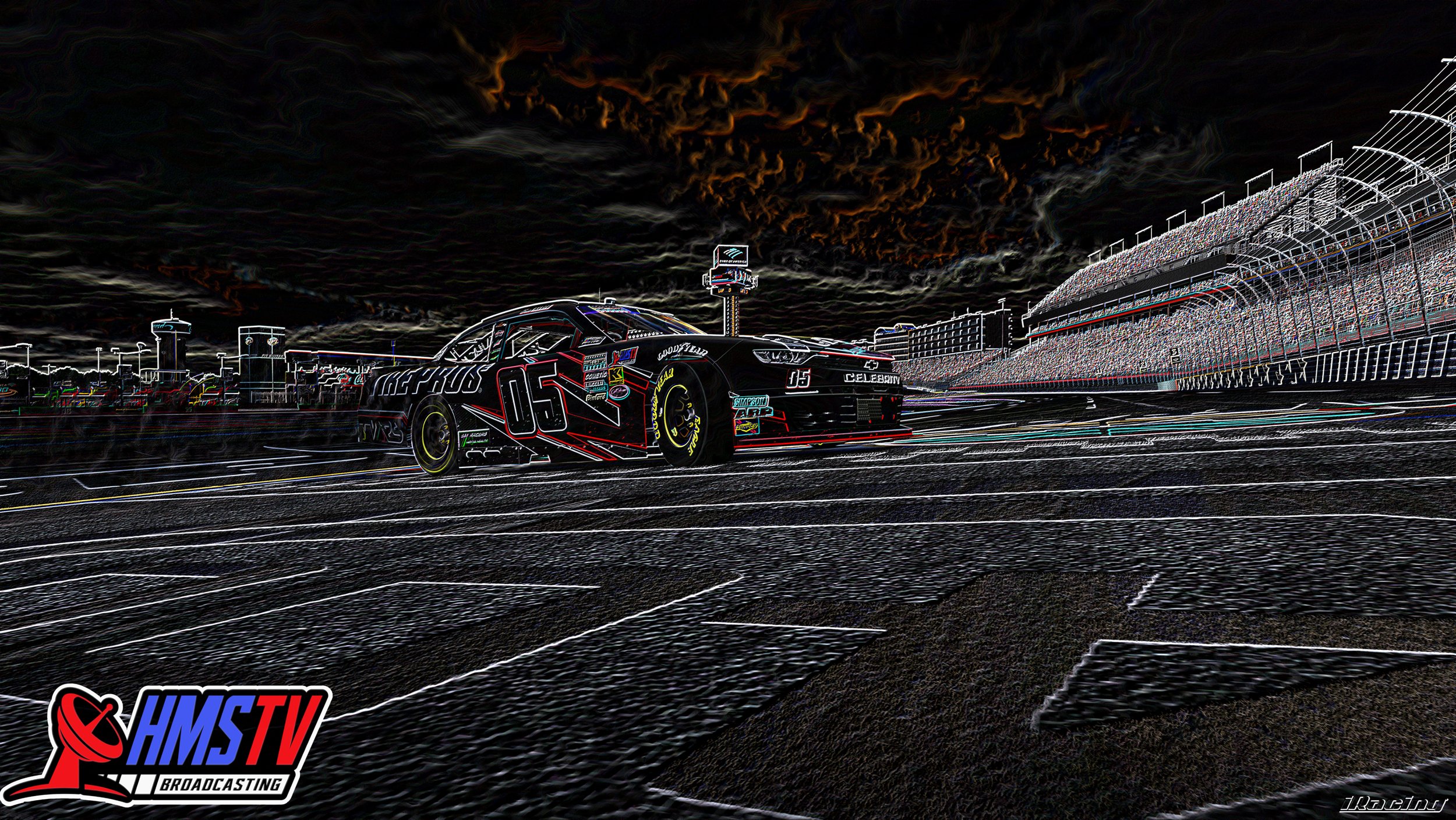 The image features a race car with the number 05 on it, positioned on a racing track with grandstands and various structures in the background. The sky appears dark with dramatic cloud formations, and the image has an inverted color effect, creating 
