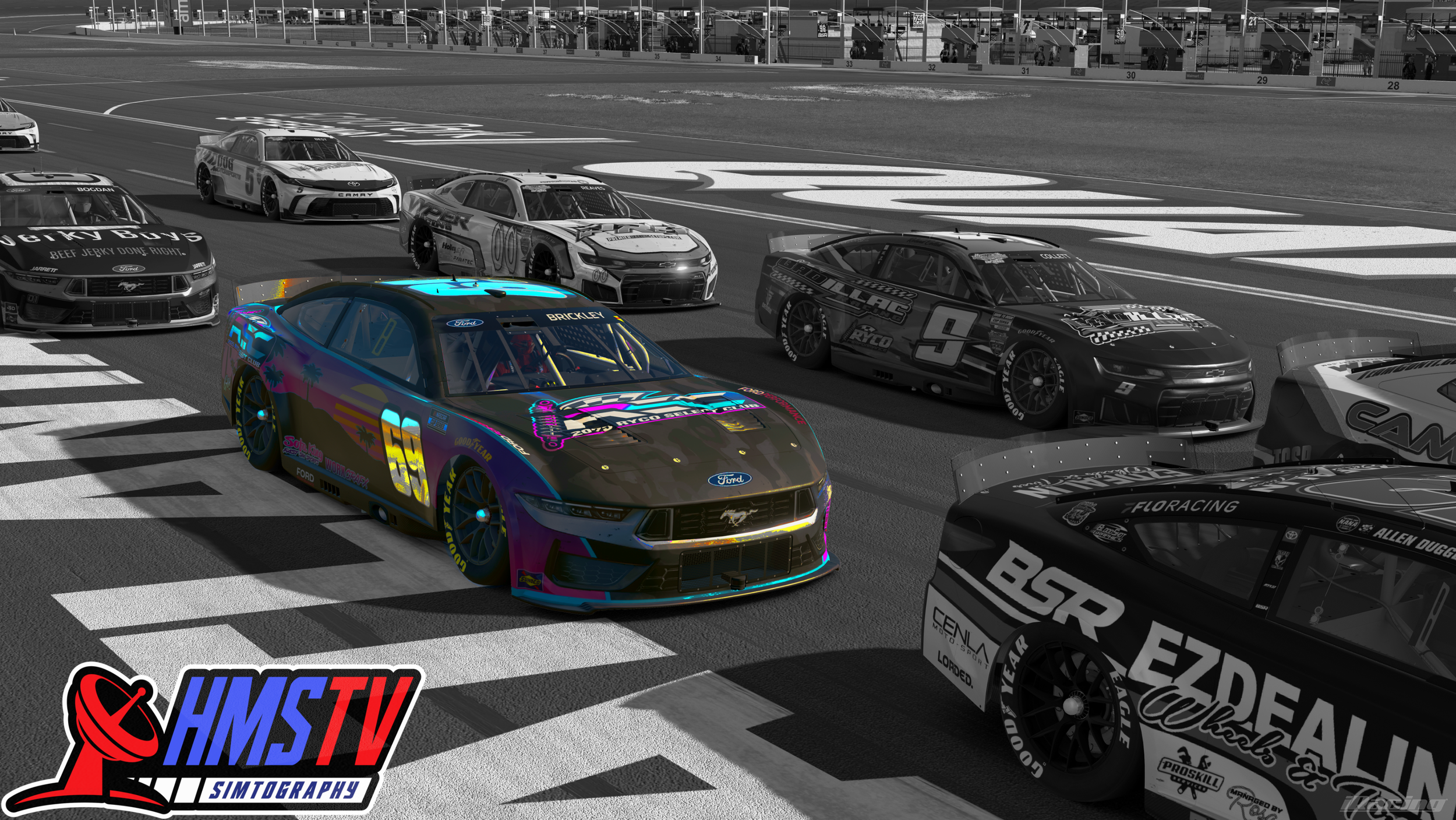 Race cars on a racing track, some in black and white and one in vibrant colors with the number 52, LGB Racing, and Ford logos, with a HMSTV lil logo in the bottom left corner.