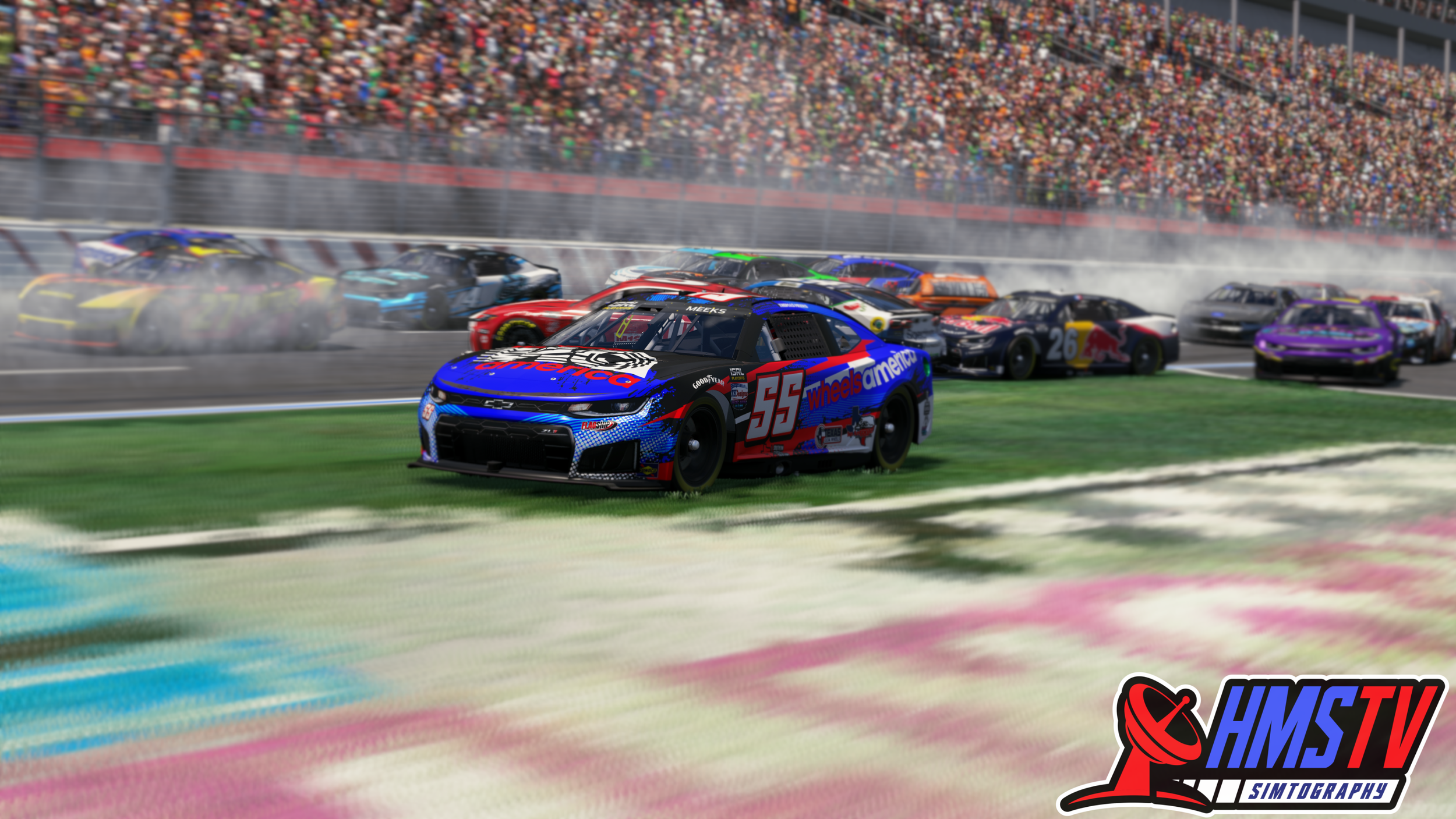 A NASCAR race with multiple cars on the track, some sliding and creating smoke, with a large crowd in the grandstand and a logo reading HMSTV Simtography in the bottom right corner.