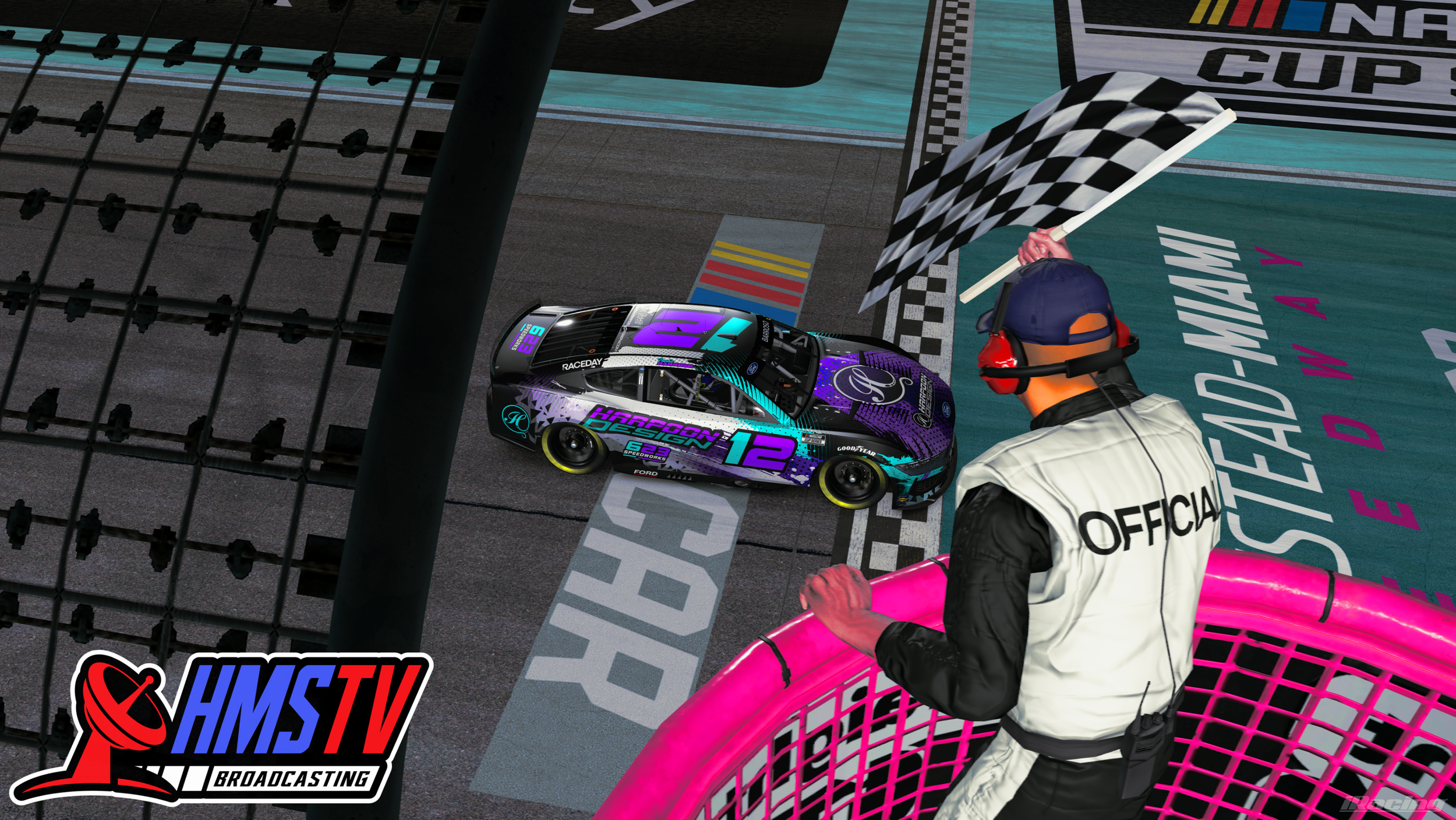 Close-up view of a race car crossing the finish line with a race official holding a checkered flag on a racing track.