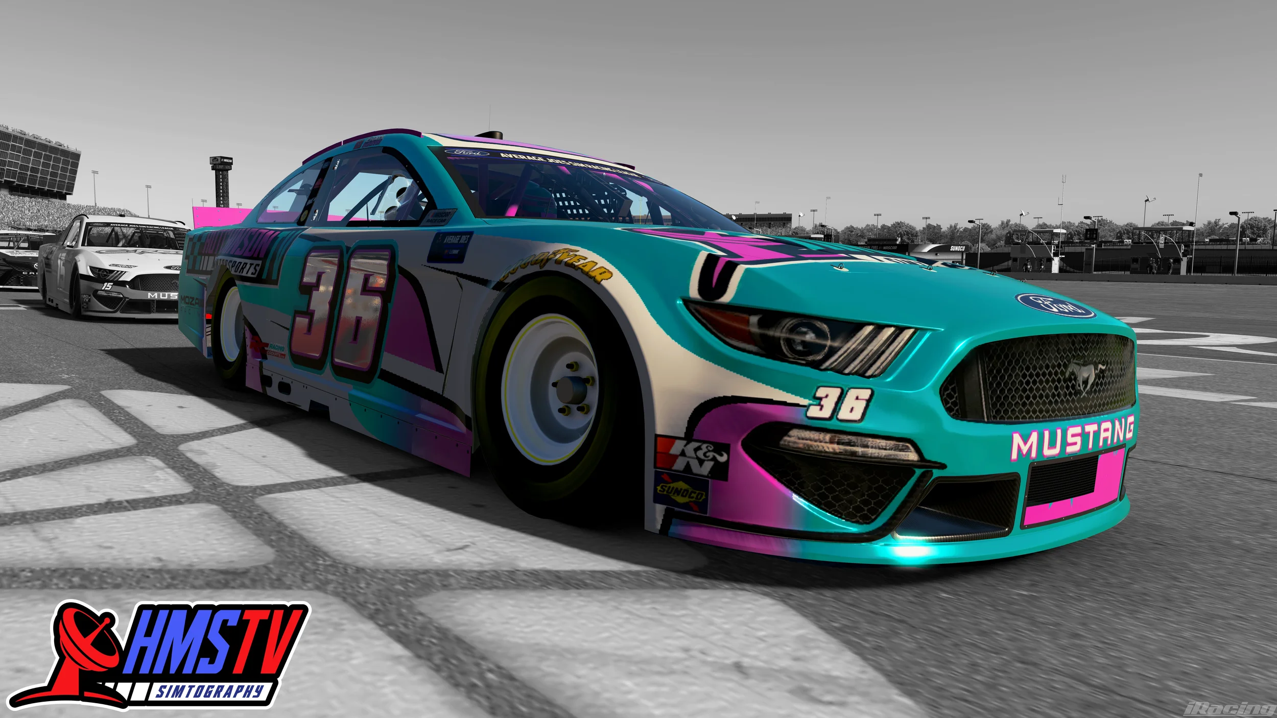 A colorful Ford Mustang race car with the number 36 on its side, parked on a race track with other cars in the background, in a mixed color and black-and-white photograph.