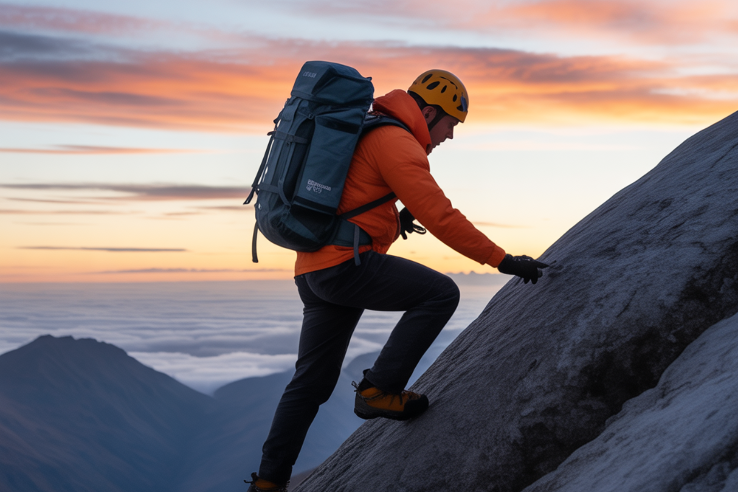 A mountain climber wearing an orange jacket, black pants, and a yellow helmet ascending a steep rock face during sunset, with a backpack and gloves, against a sky with orange and pink hues.