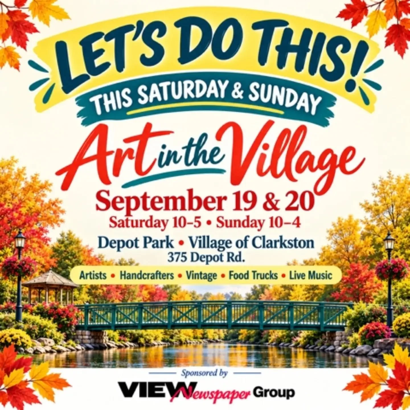 🍁 LET&rsquo;S DO THIS! Art in the Village is THIS SATURDAY &amp; SUNDAY! 🎨

Grab your friends and join us at Depot Park for a weekend filled with talented artists, handcrafters, vintage finds, delicious food trucks and live music!

📅 September 19 
