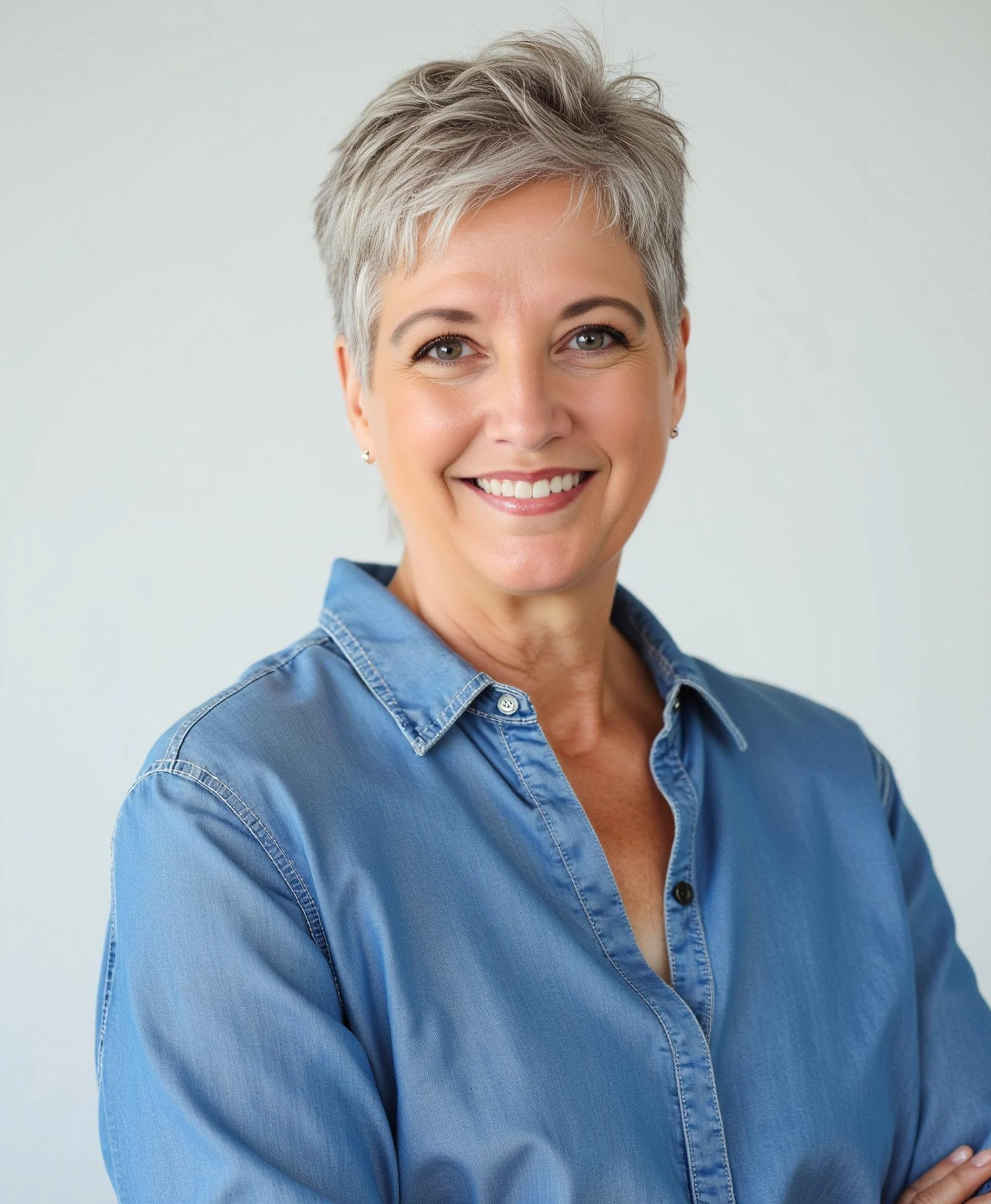 Close-up of a woman with short gray hair, smiling, wearing a denim shirt, standing against a plain light background.