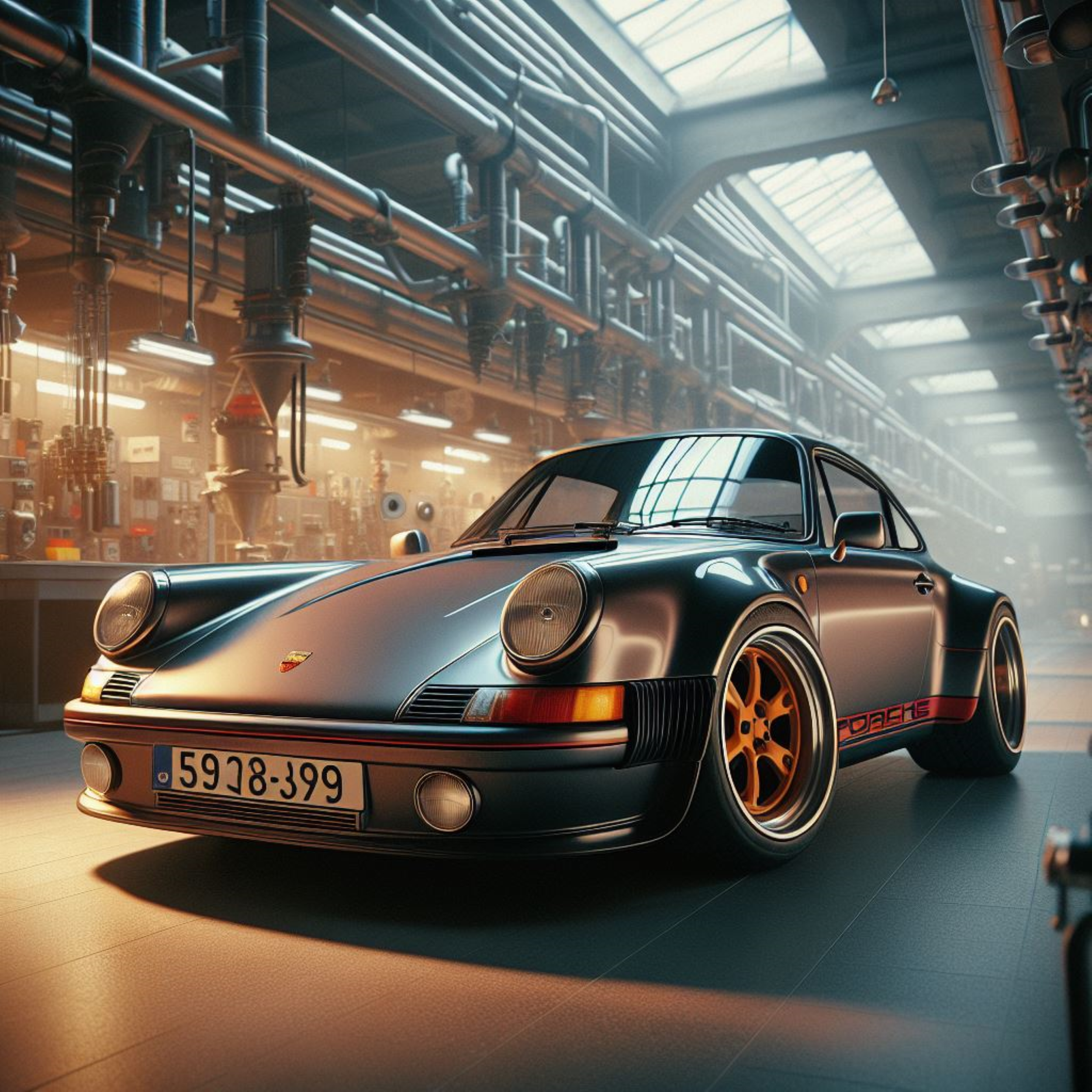A classic black Porsche 911 sports car in a modern garage with industrial pipes and large skylights.