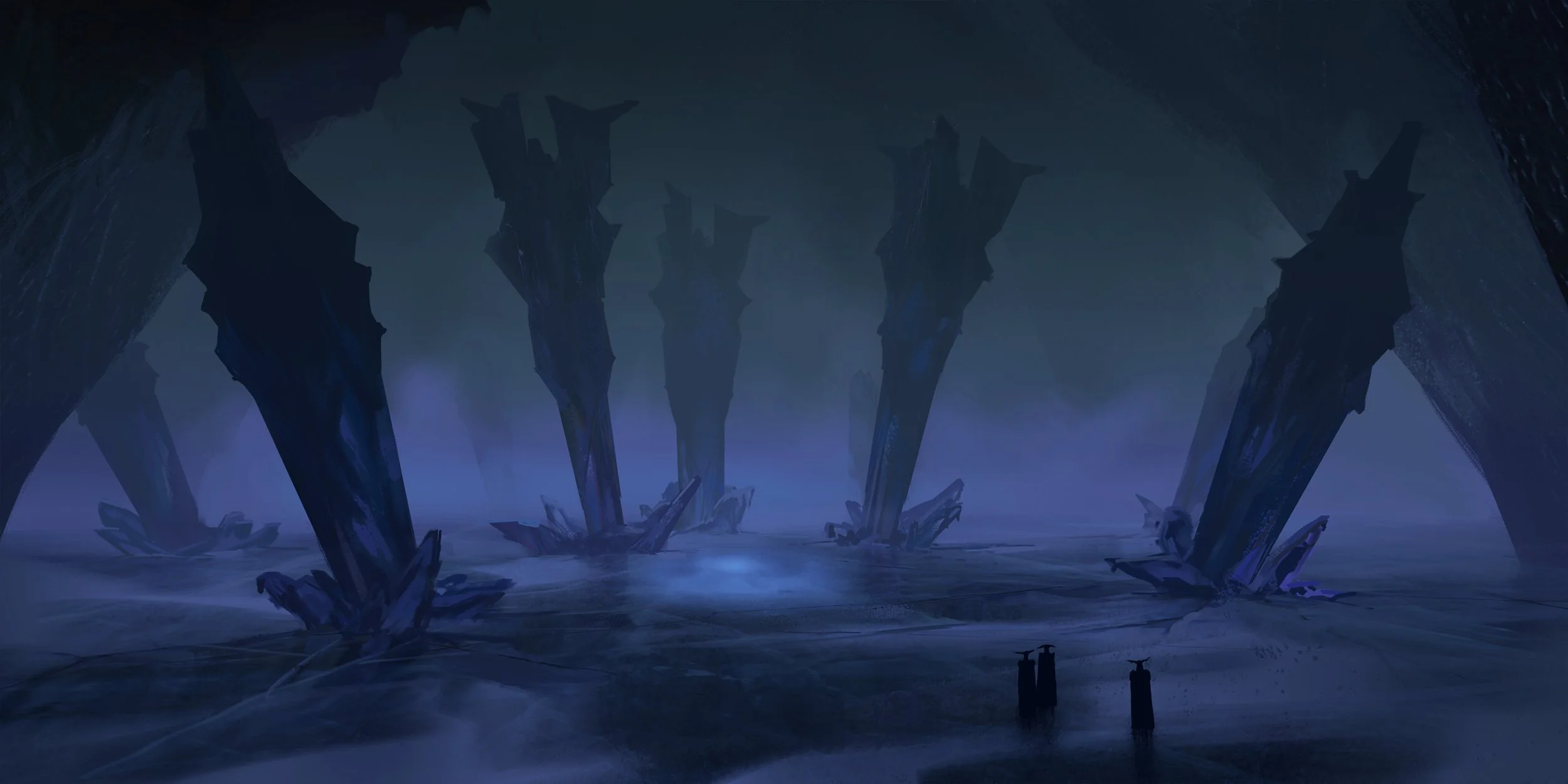 A dark, surreal landscape featuring tall, jagged, crystal-like structures emerging from a misty, reflective surface, with a mysterious fog-filled background.
