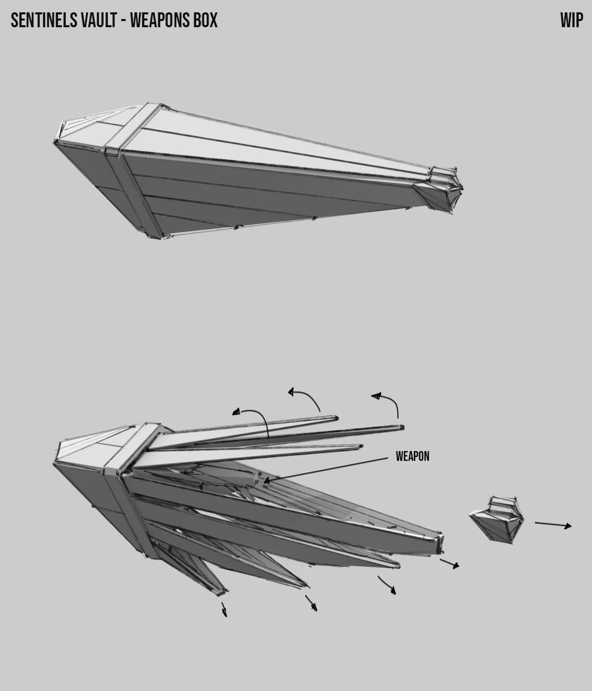 Concept sketch of a weapons storage box inside a vault, with detailed focus on the deployable weapon extending from the box.