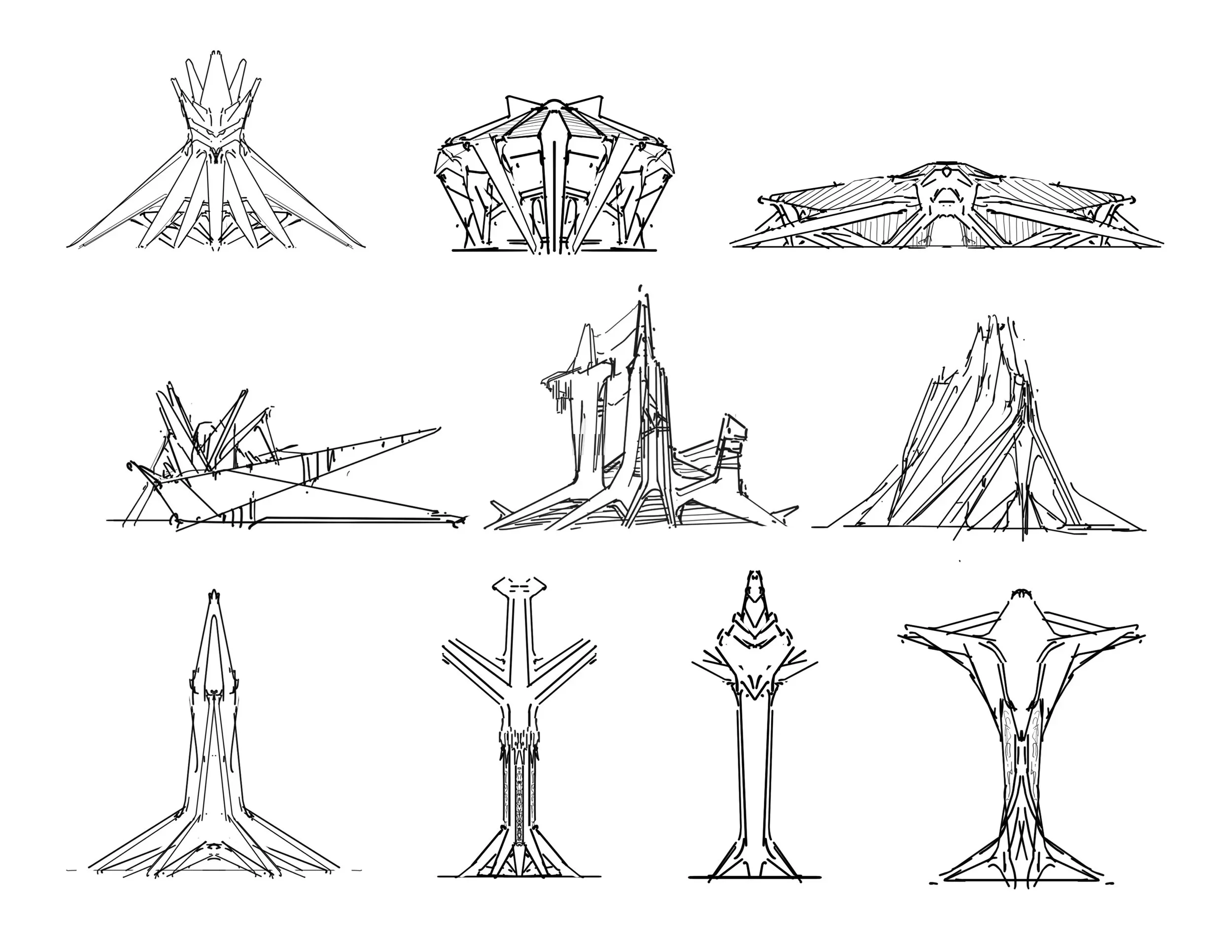 Black and white line drawings of ten different futuristic spaceship designs arranged in a grid.
