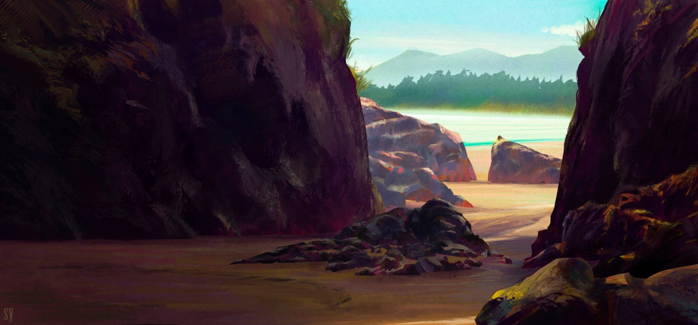 A digital painting of a secluded beach viewed through a crevice between large rocks and cliffs. The beach has sandy shores with some scattered rocks, and calm turquoise waters extend to the horizon. In the background, there are distant mountains and 