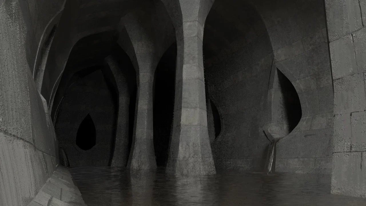 Interior of a dark, modern architectural tunnel with large, curved concrete supports and water at the base.