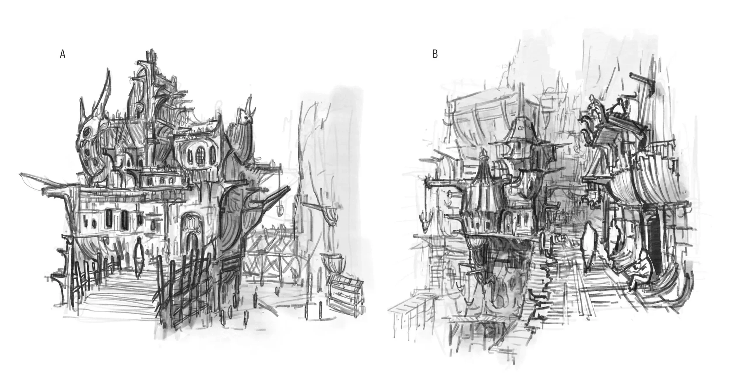 Two detailed sketches of fantastical, sprawling architecture with whimsical and elaborate designs, resembling a fantasy or steampunk cityscape.