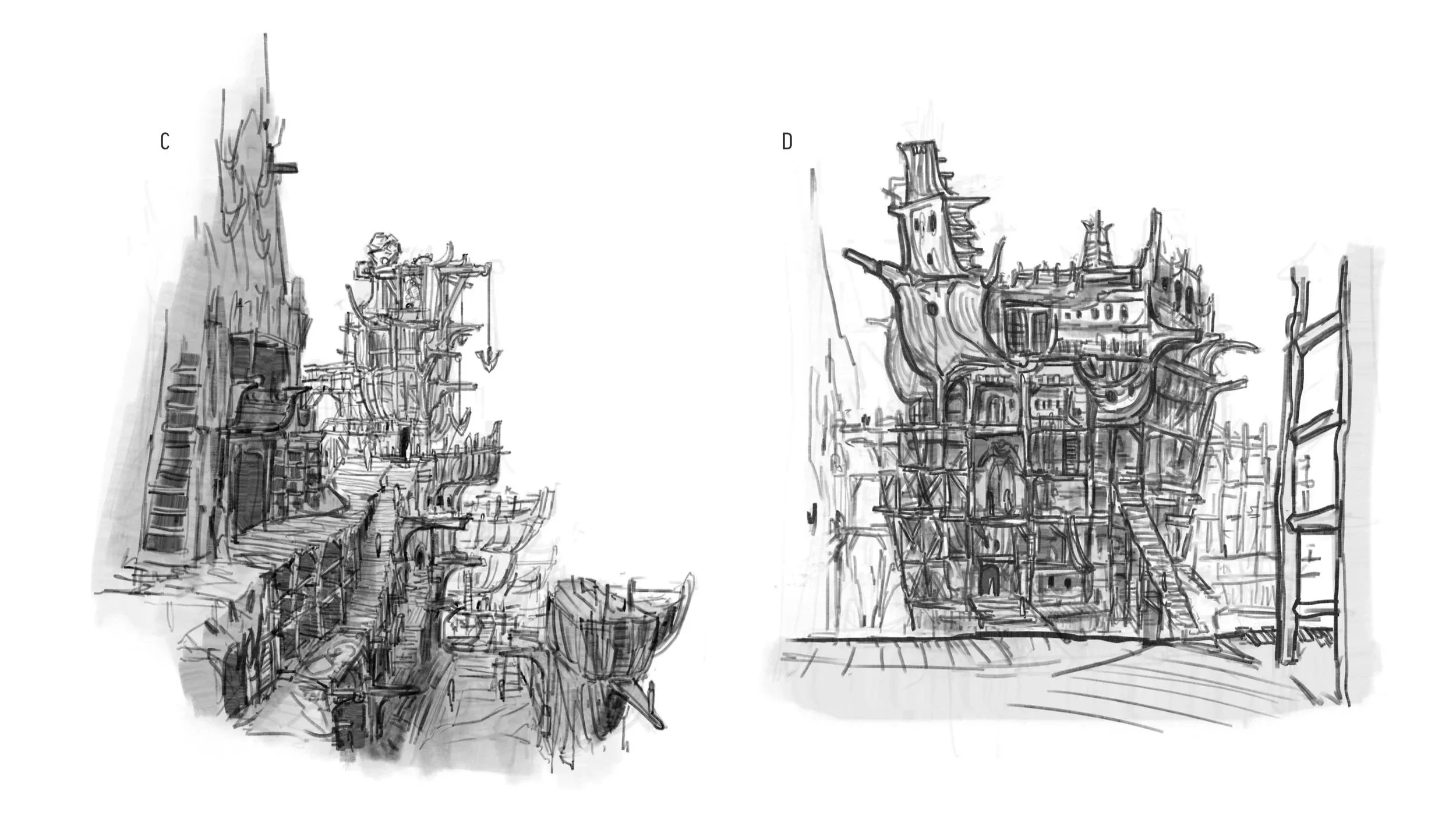 Sketches of fantastical, multi-level pirate ship houses with intricate details, staircases, and balconies.
