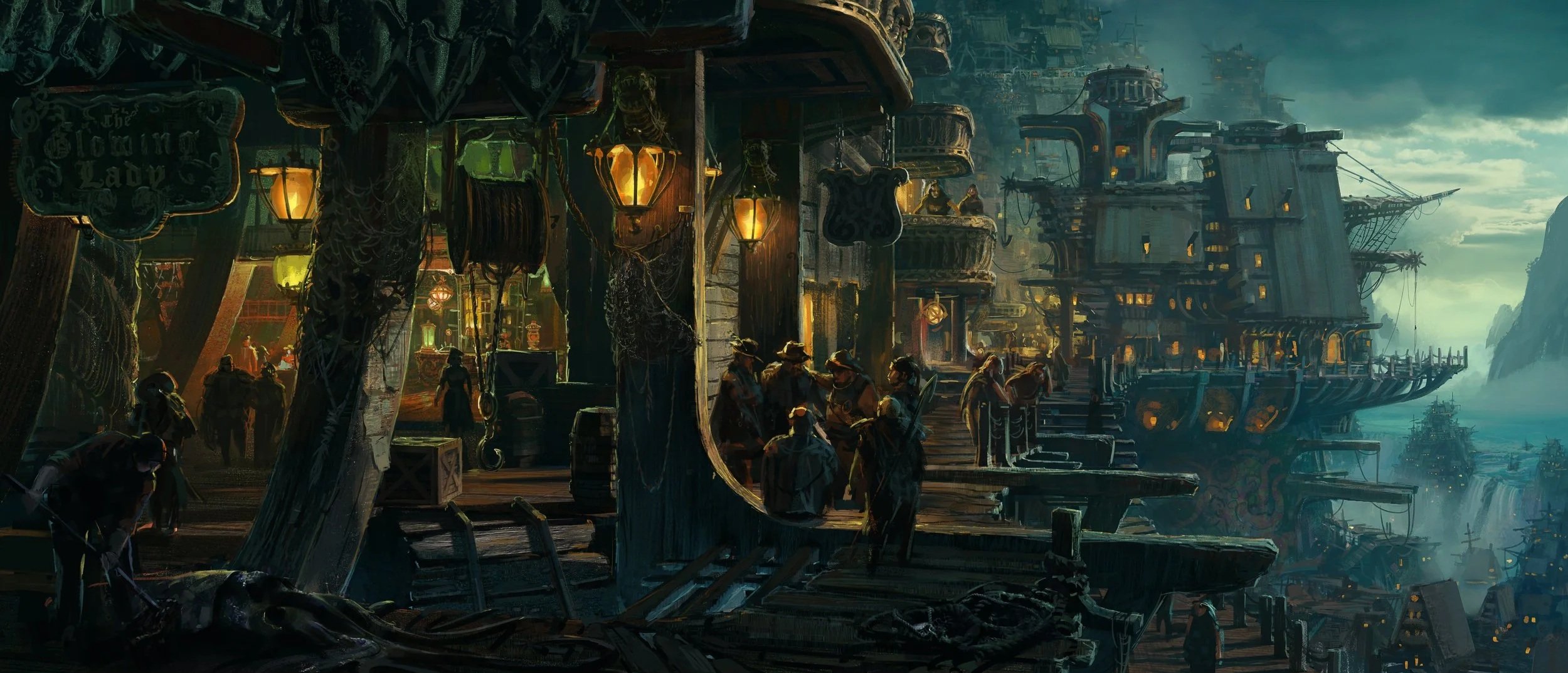 A fantasy world scene with a large wooden dock filled with pirates and ships. Wooden buildings with glowing lanterns are built into the sides of cliffs with waterfalls and additional ships in the background.