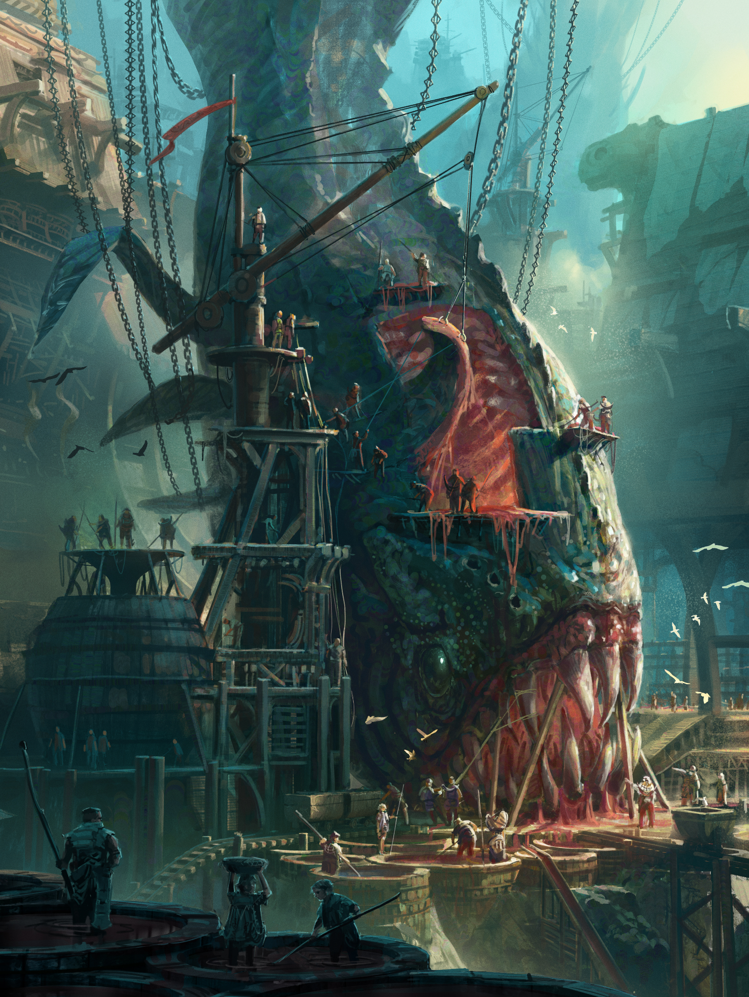 A massive, fictitious creature resembling a fish or sea monster being dissected in a steampunk-style laboratory with people working on it and machinery.