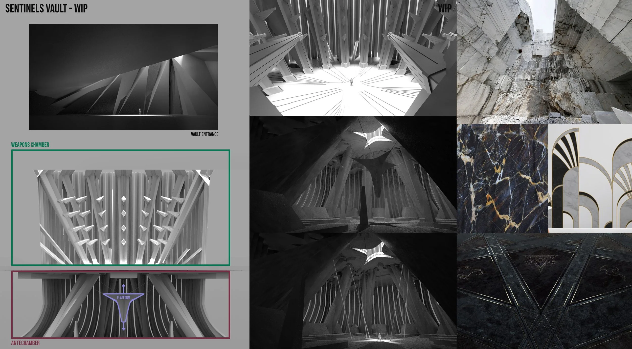 Designs and renderings of the interior and exterior architecture of the Sentinels Vault, including a vault entrance, weapons chamber, and detailed interior features in black and white, with some images of stone and marble textures.