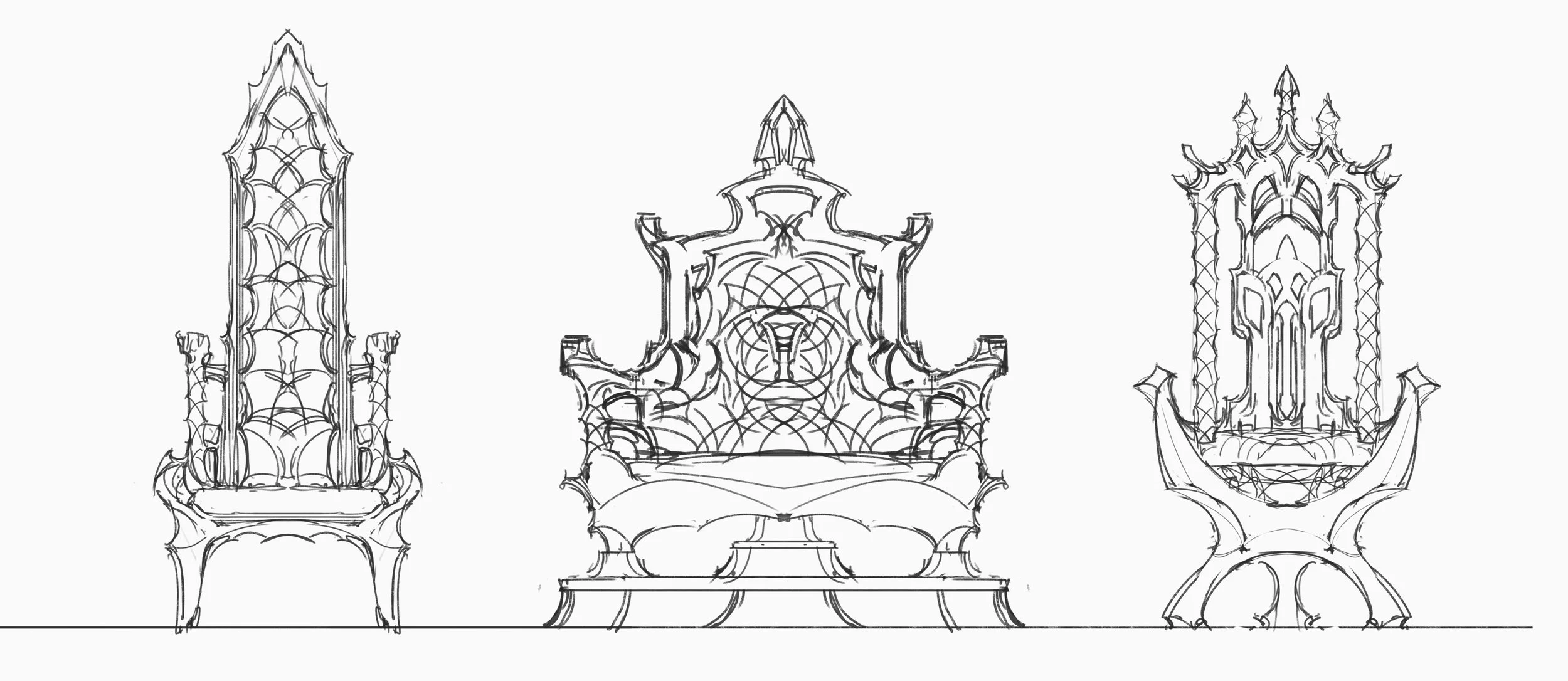 Line drawing of three ornate, Gothic-style chairs with intricate detailing.