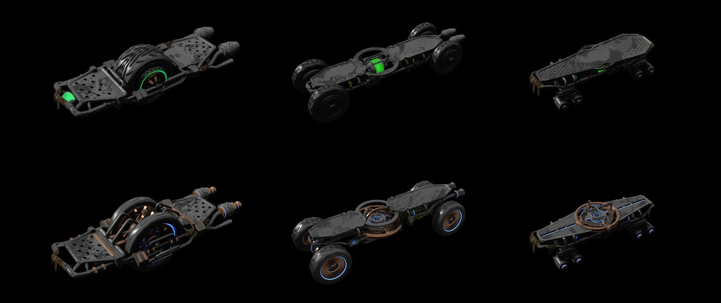 Six futuristic hoverboard designs in black with different glowing accents and structural features, displayed against a black background.