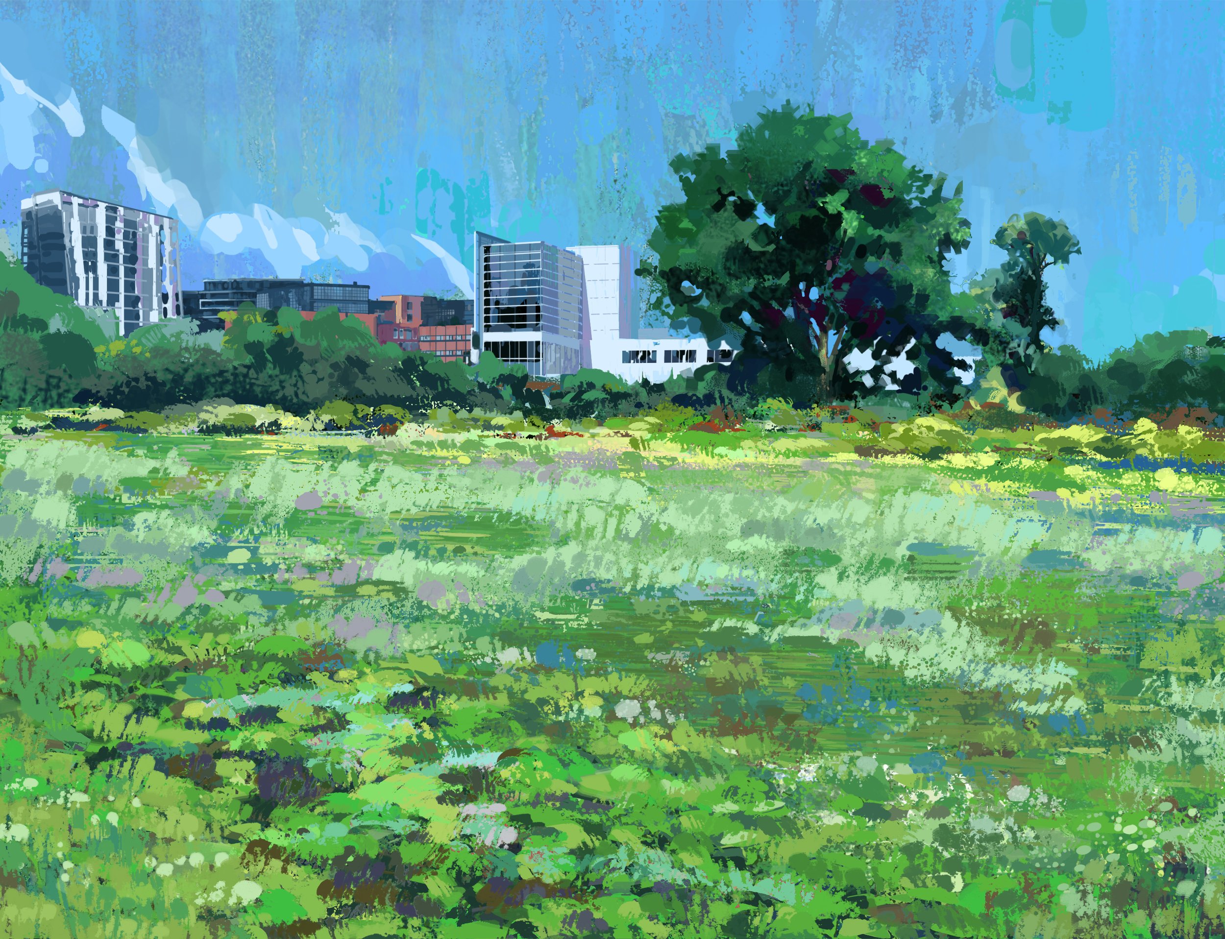 A digitally illustrated park scene with a large tree and lush green grass in the foreground, and modern city buildings with glass facades in the background, under a blue sky with clouds.