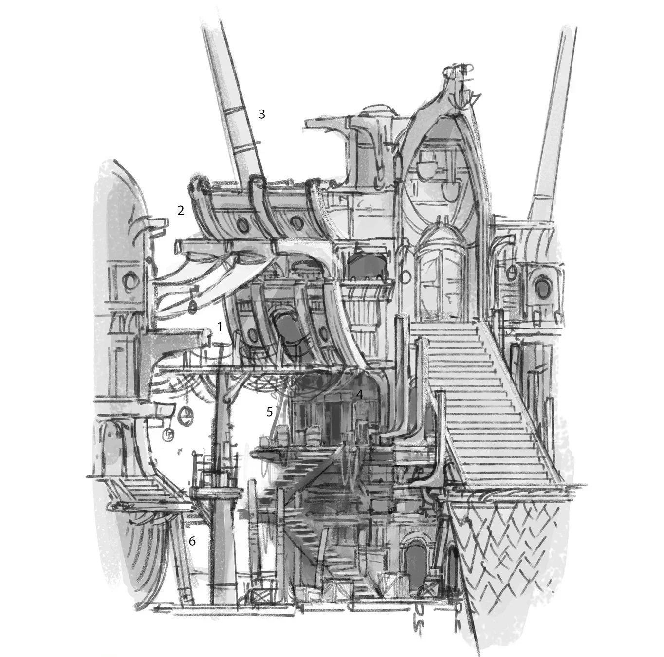 A detailed sketch of a complex, multi-level building with stairs, bridges, pipes, and various architectural features.
