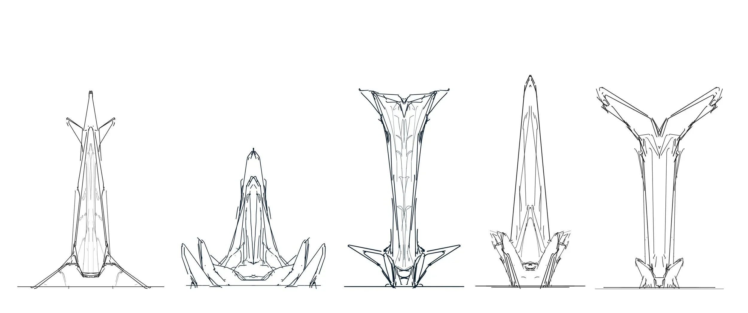 Line art sketches of five different spaceship designs, each with distinctive shapes and features, arranged in a row against a white background.