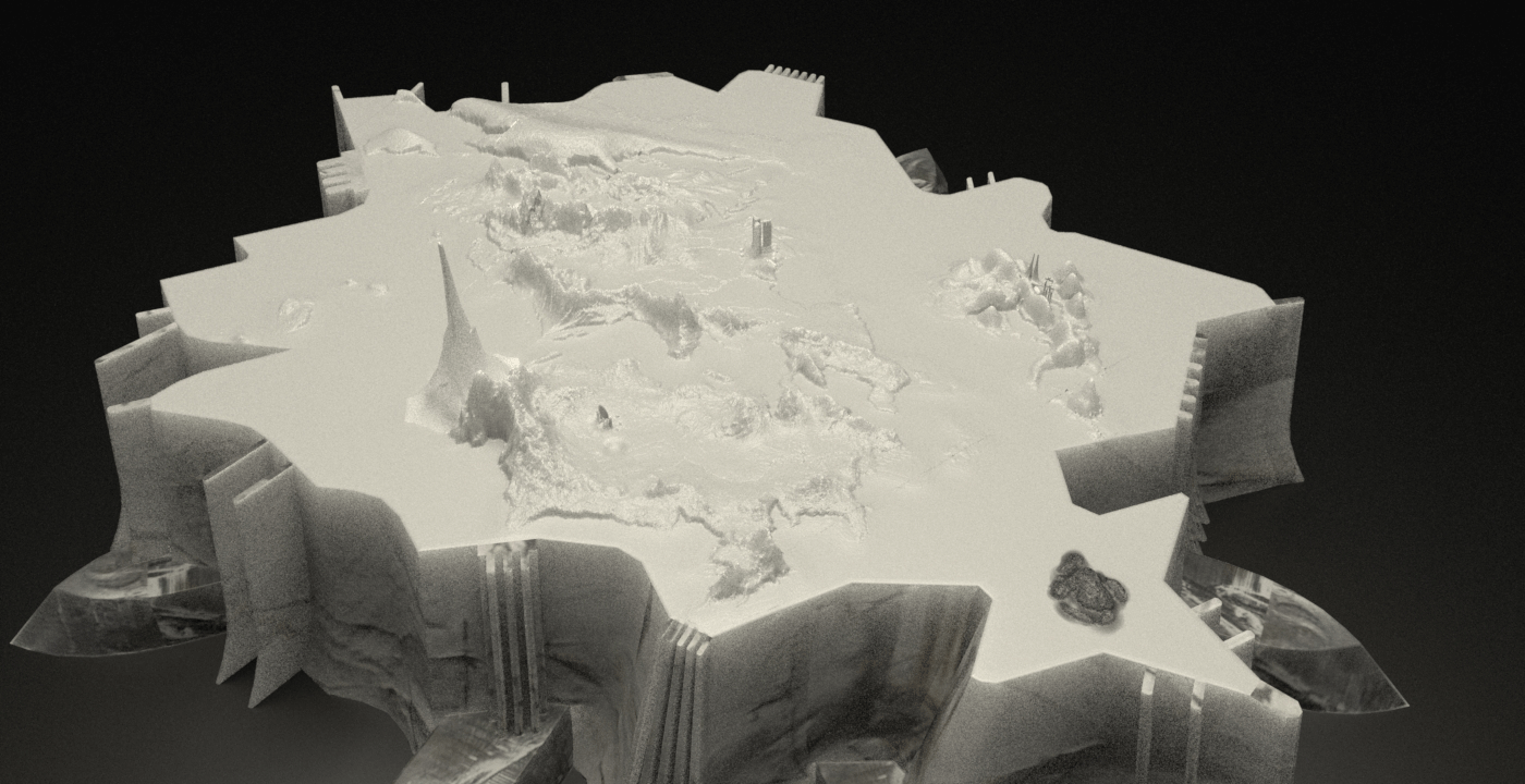 A detailed 3D model of a topographic map or terrain with various elevated features and pathways.