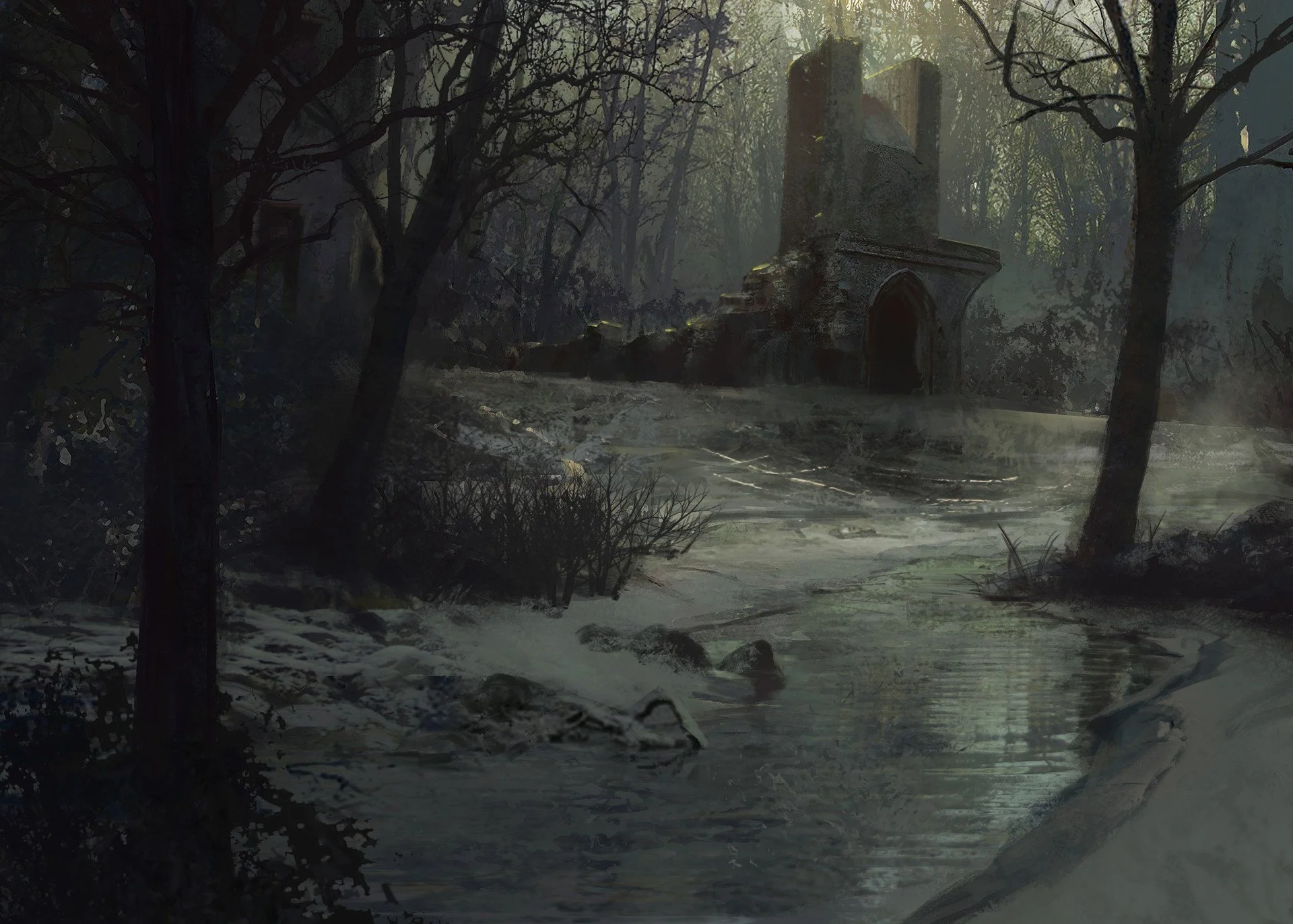 Dark, eerie swamp with a ruined castle or tower in the background, surrounded by leafless trees. The water in the swamp is still with some ripples, and the overall scene is gloomy and shadowy.