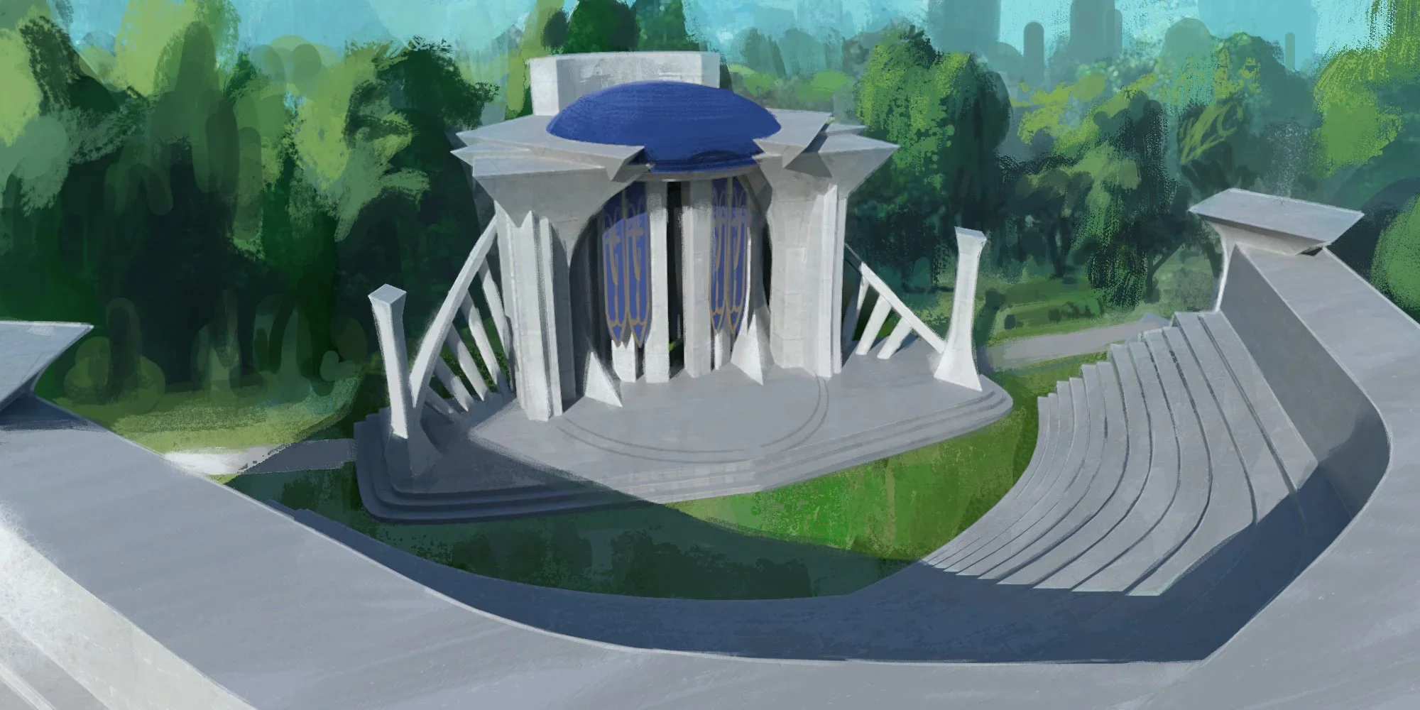 An artist's illustration of a modern, futuristic outdoor theatre with a domed stage and curved seating area, surrounded by lush green trees.