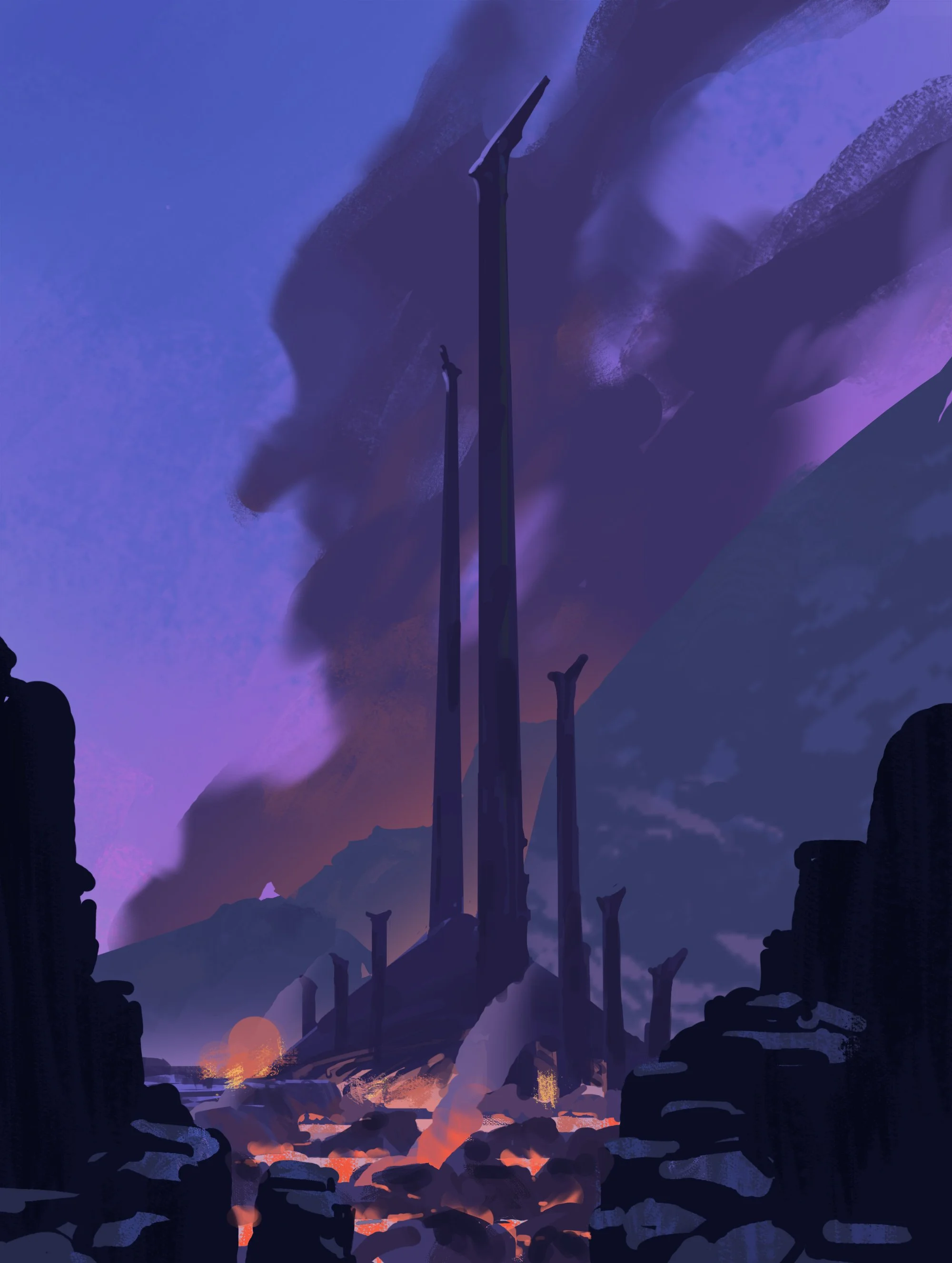 Digital artwork depicting a futuristic cityscape with tall, slender towers against a purple and blue sky, with a faint silhouette of a person's face in the background and a setting sun near the horizon.