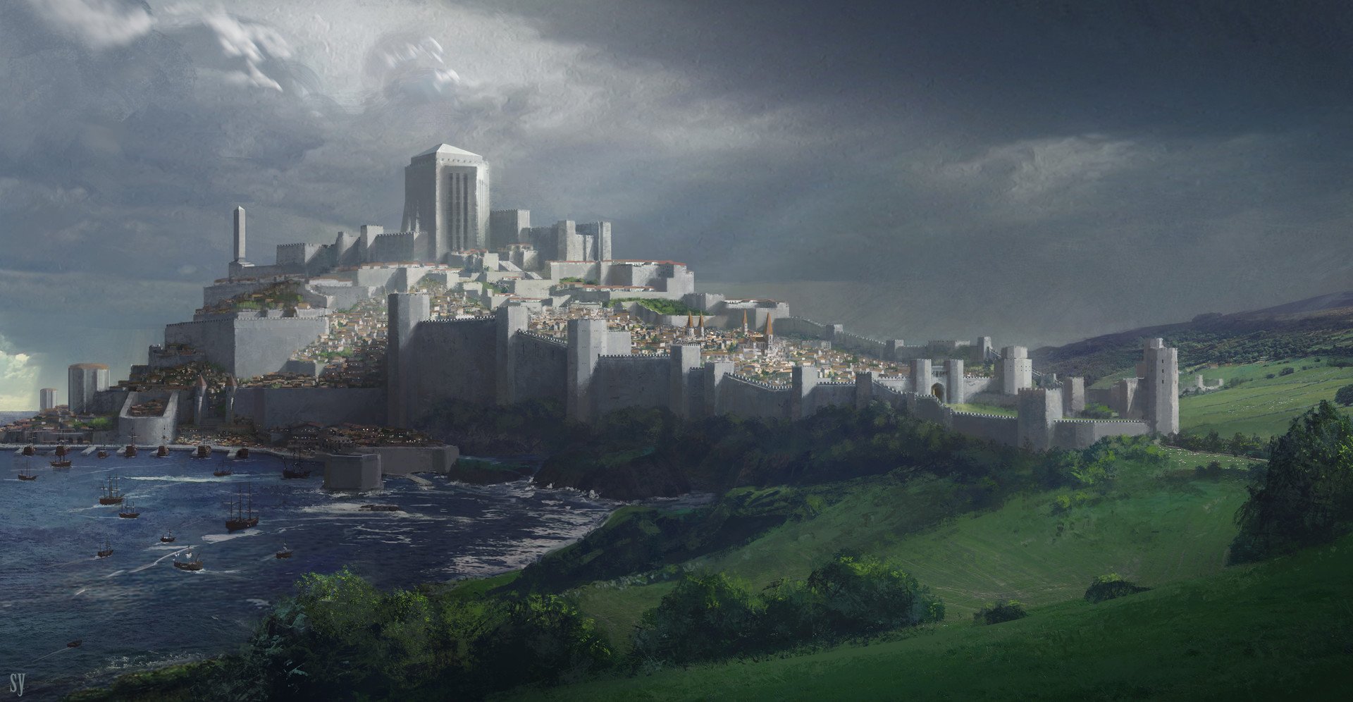 A digital painting of a medieval-style walled city on a hill with tall fortified towers and modern skyscrapers in the background, overlooking a body of water with sailing ships. The scene is set under a cloudy sky with green hills in the foreground.