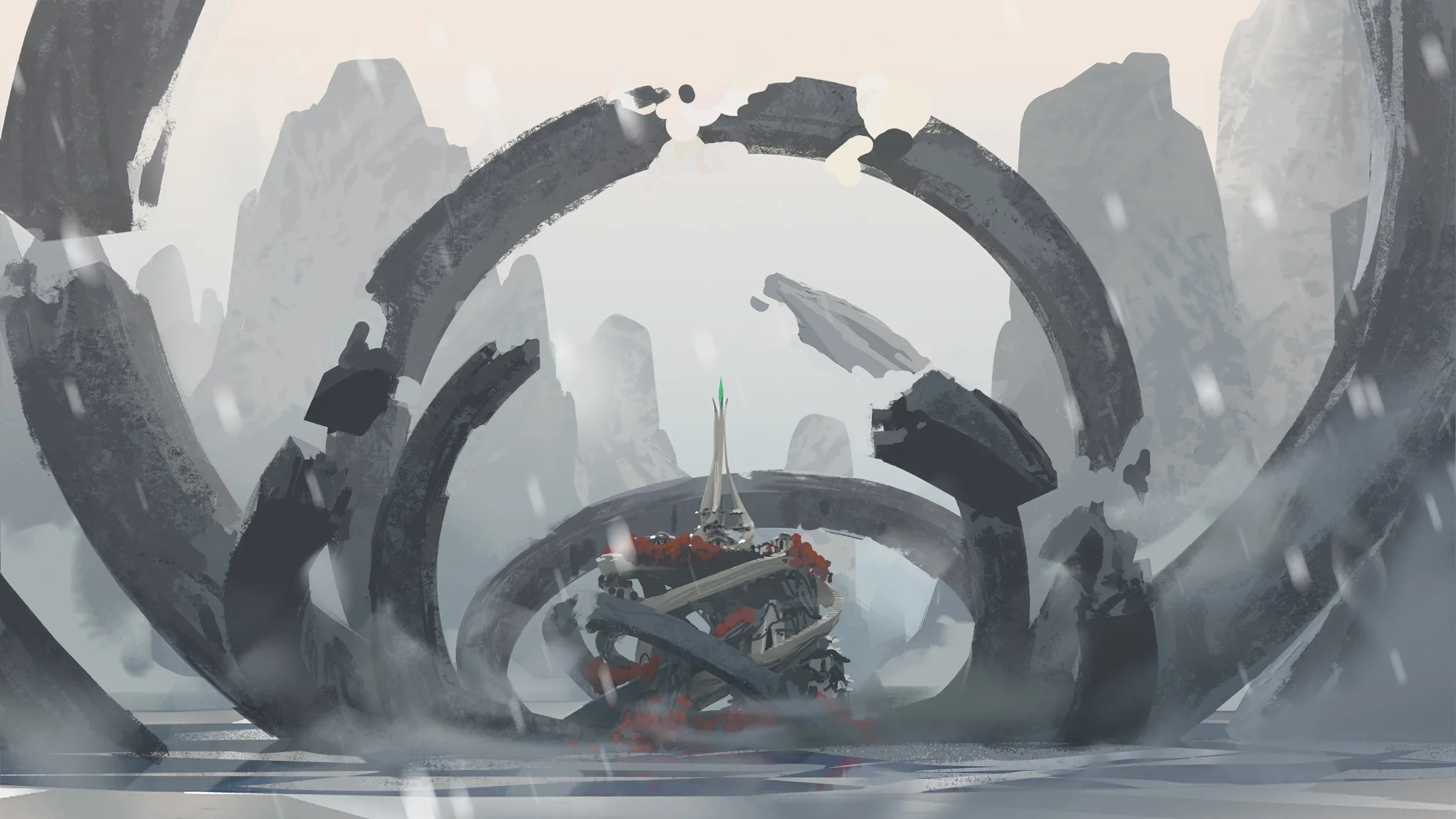 A mystical landscape with ruined circular stone structures, fog, mountains in the background, and a tall, slender monument at the center surrounded by red foliage.