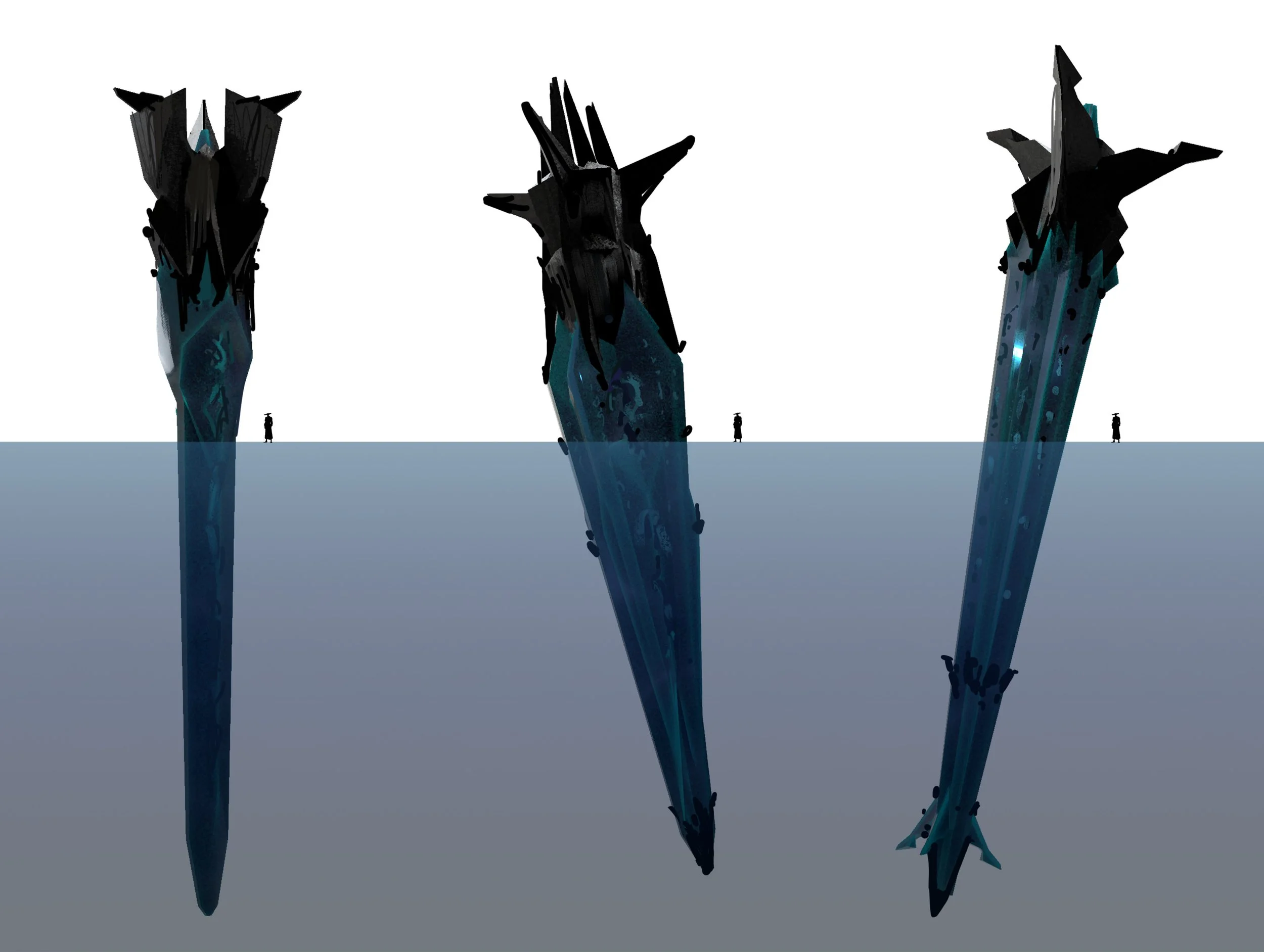 Three futuristic, black and blue spacecraft hovering above a flat surface with tiny figures for scale.