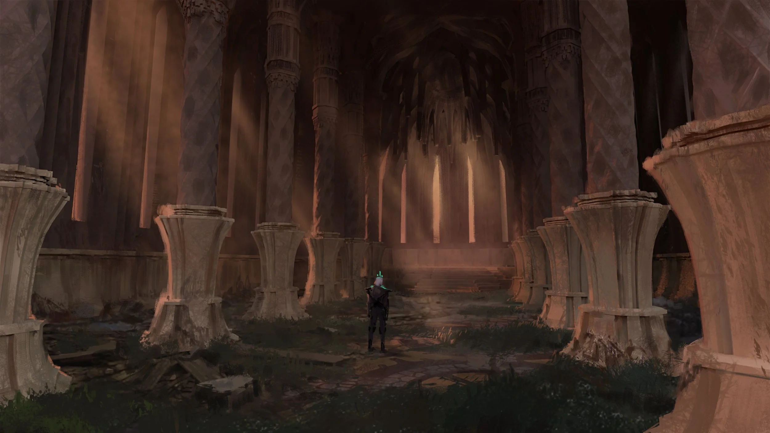A person standing in front of ancient, weathered columns inside a large, dimly lit cathedral or temple with beams of light shining through tall windows.