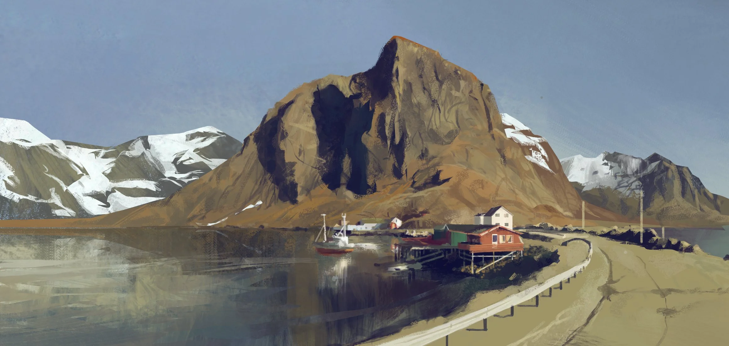 A large mountain with snow-capped peaks in the background, a smaller mountain and a body of water, with a boat, houses, and a winding road in the foreground.