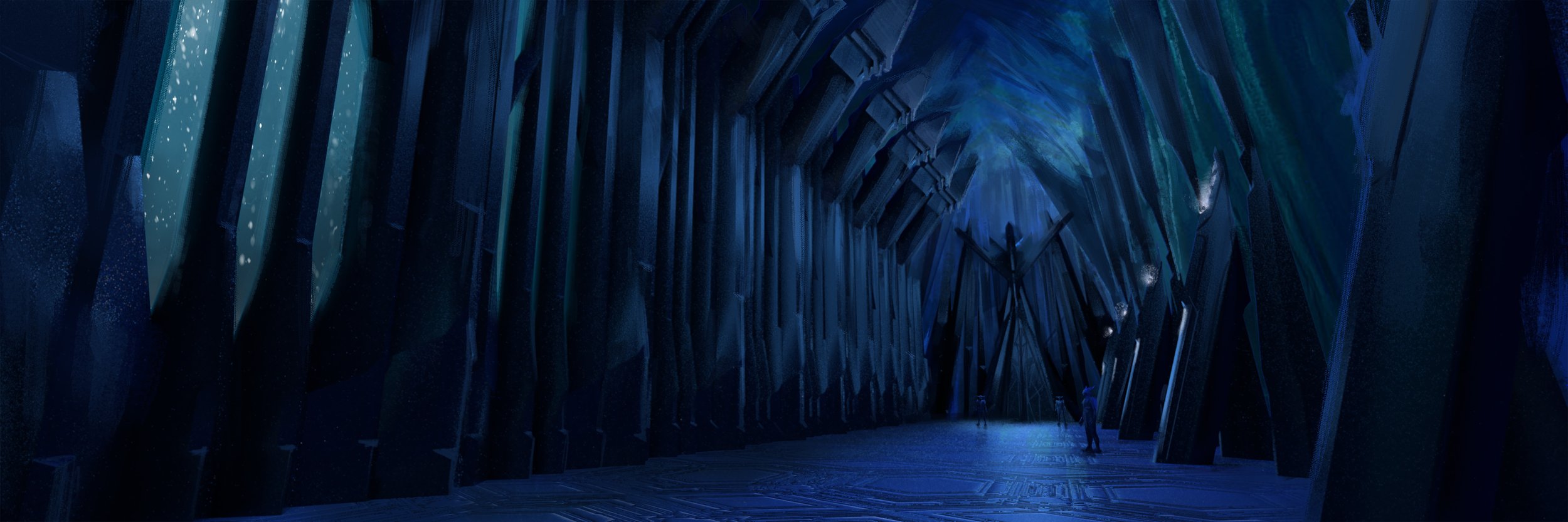 Interior of a futuristic, blue-lit tunnel with tall, angular walls and a geometric floor, featuring a few small human figures walking through.