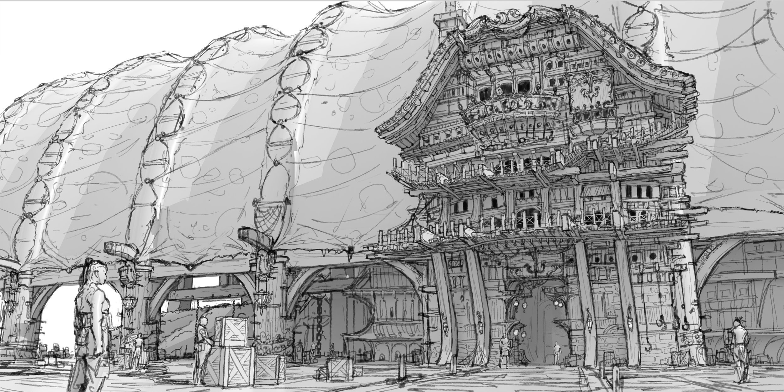 Sketch of a large, detailed, multi-story structure resembling a fantastical or futuristic building with various levels, balconies, and intricate architecture, under construction or design.