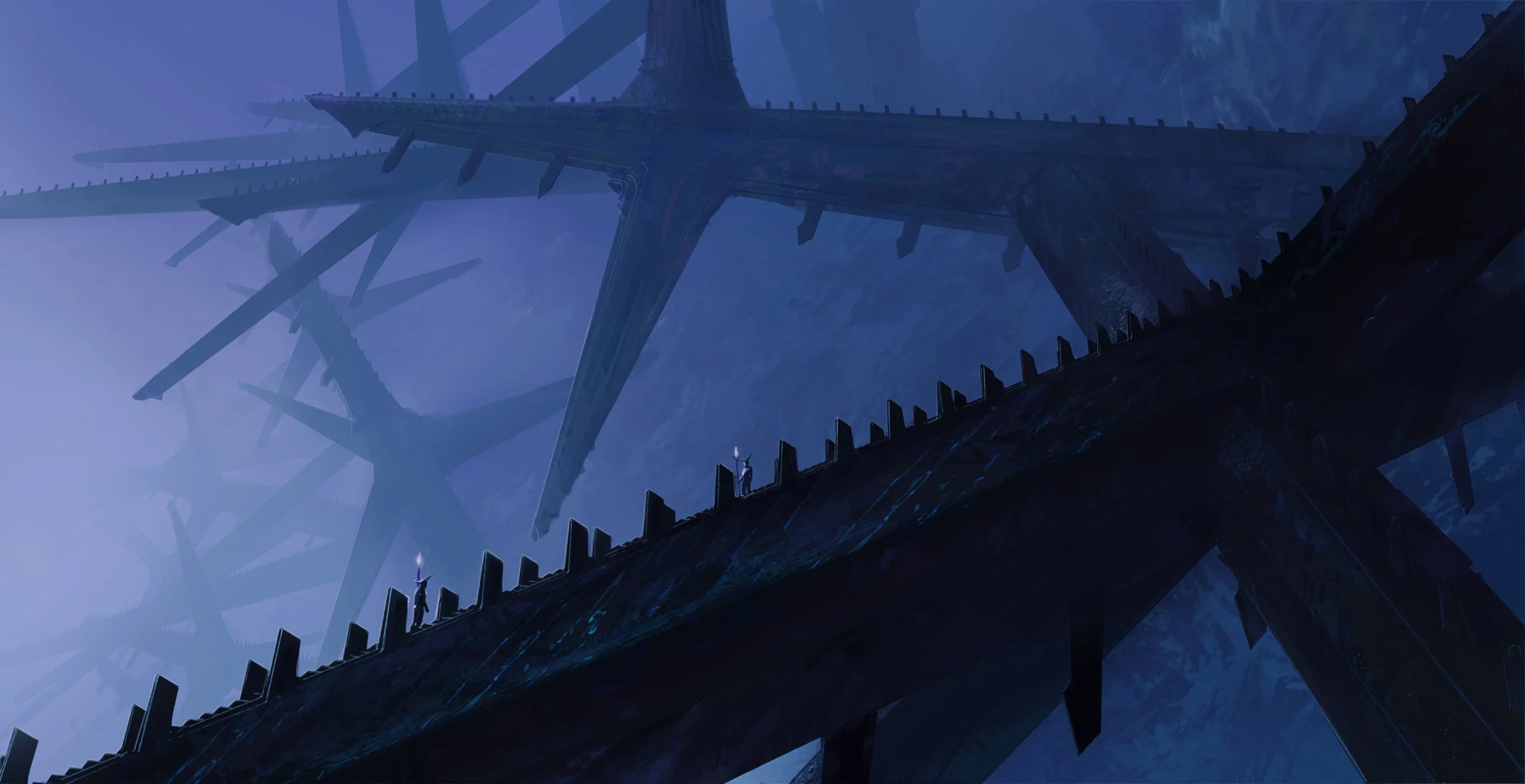 A dark, sci-fi landscape with large, futuristic metallic structures and two small figures walking along a pathway with torches. The structures resemble giant, industrial gears or machinery, creating a surreal, dystopian atmosphere.