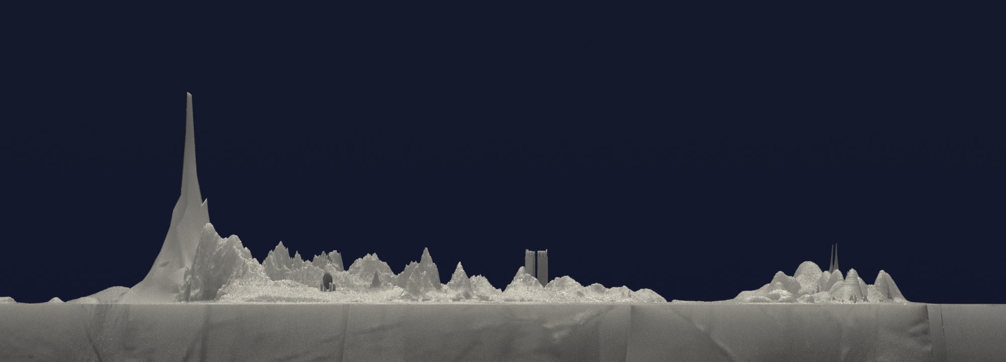 Nighttime photograph of a city skyline with tall skyscrapers, partially obscured by snowdrifts and snow-covered rooftops in the foreground.