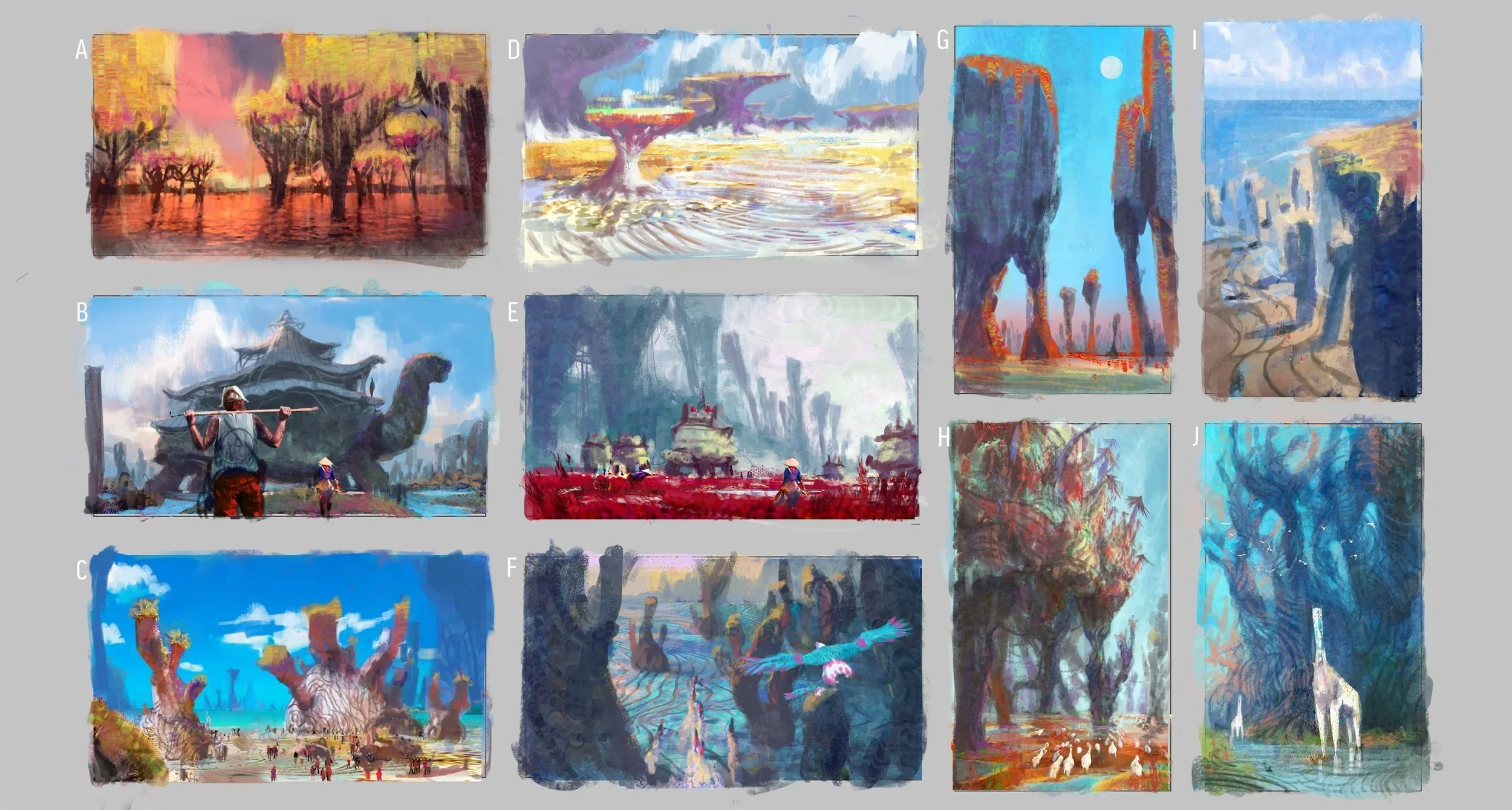Collage of eleven fantasy-themed digital paintings depicting various landscapes, creatures, and structures with vibrant, painterly styles.