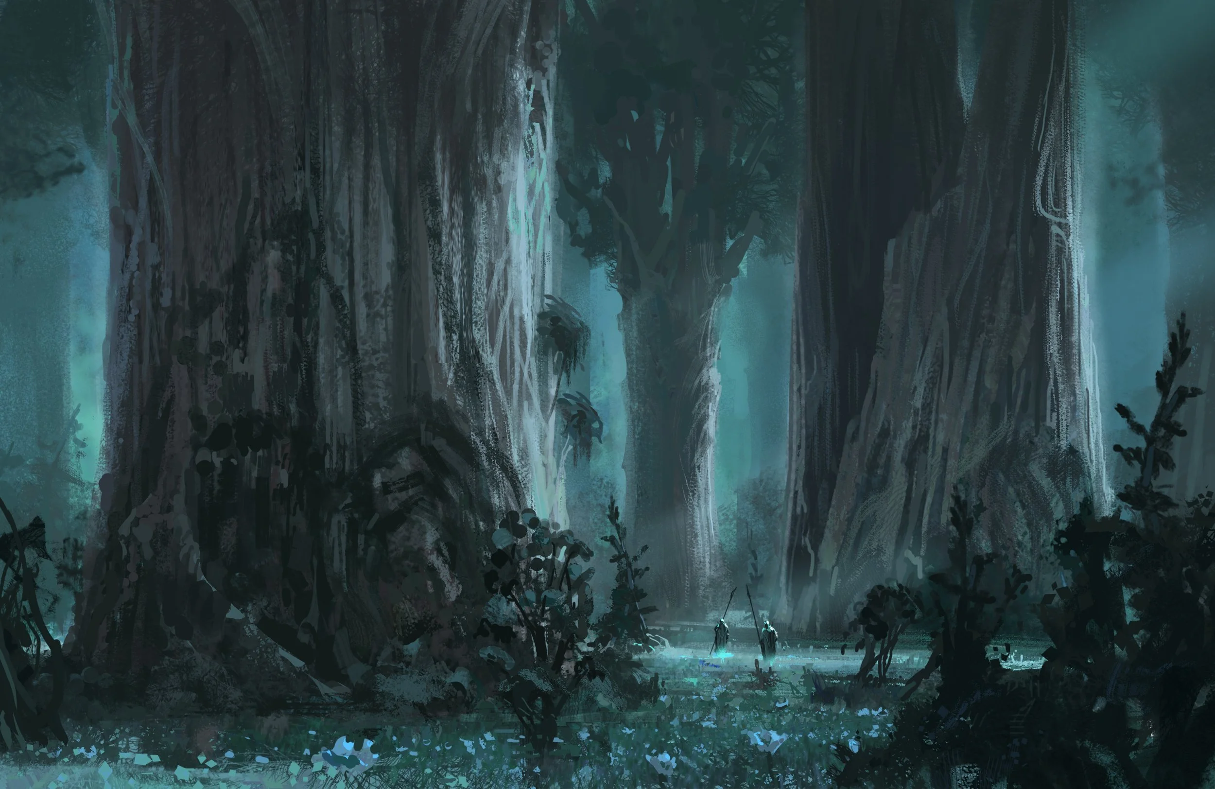 A dense, foggy forest with tall, ancient trees, and a small clearing with two figures wielding swords illuminated by blue light.