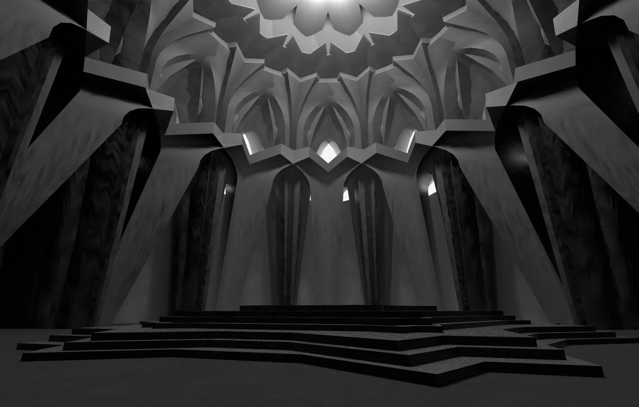 A dark, gothic interior with tall, arched windows and intricate architectural details, illuminated by faint light.