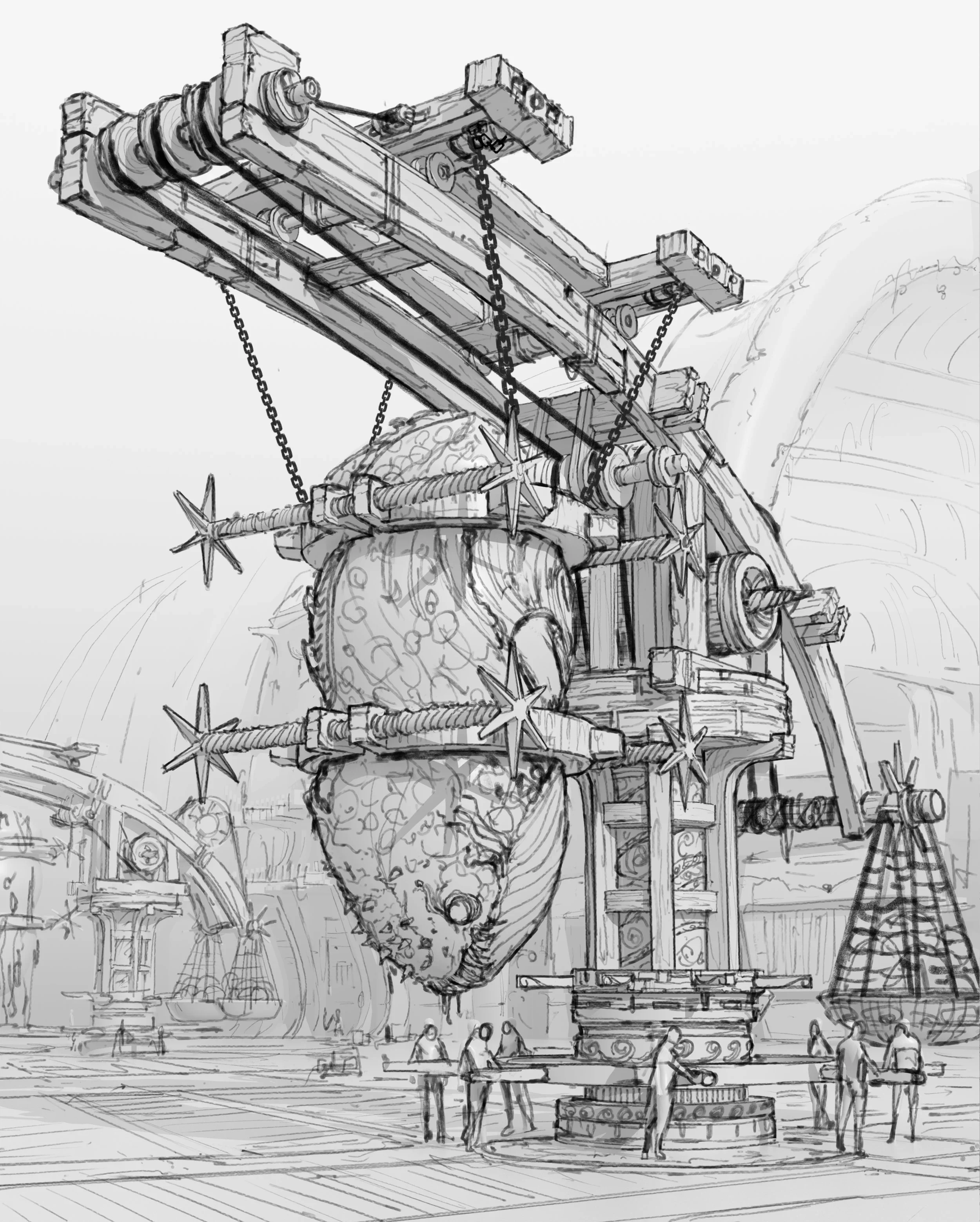 Sketch of a whimsical underground science exhibit with a large, fish-shaped object, surrounded by chains and machinery, and several visitors observing.
