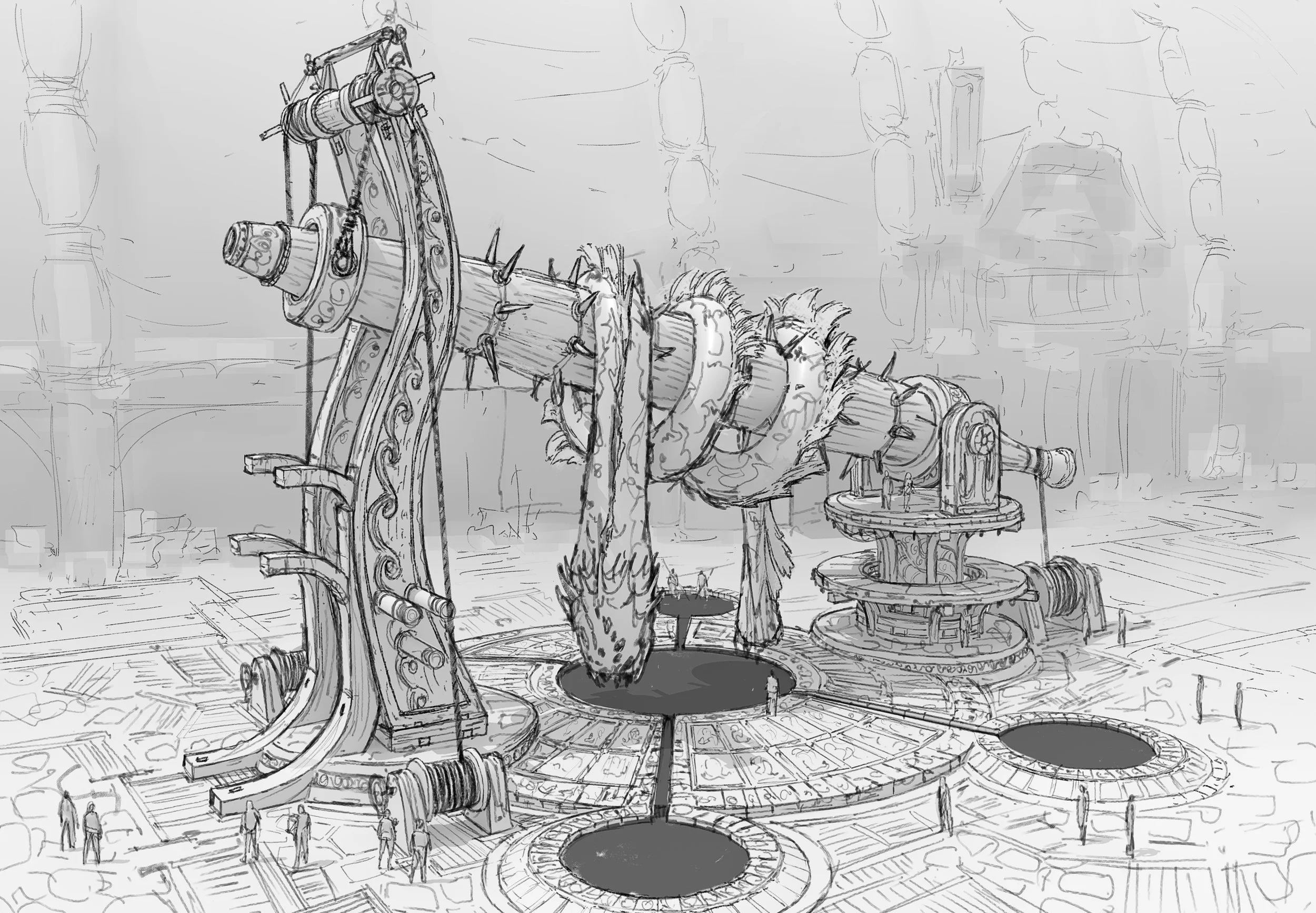 A sketched concept art of a fantasy-themed throne with a dragon head sculpture and medieval machinery inside a grand hall.