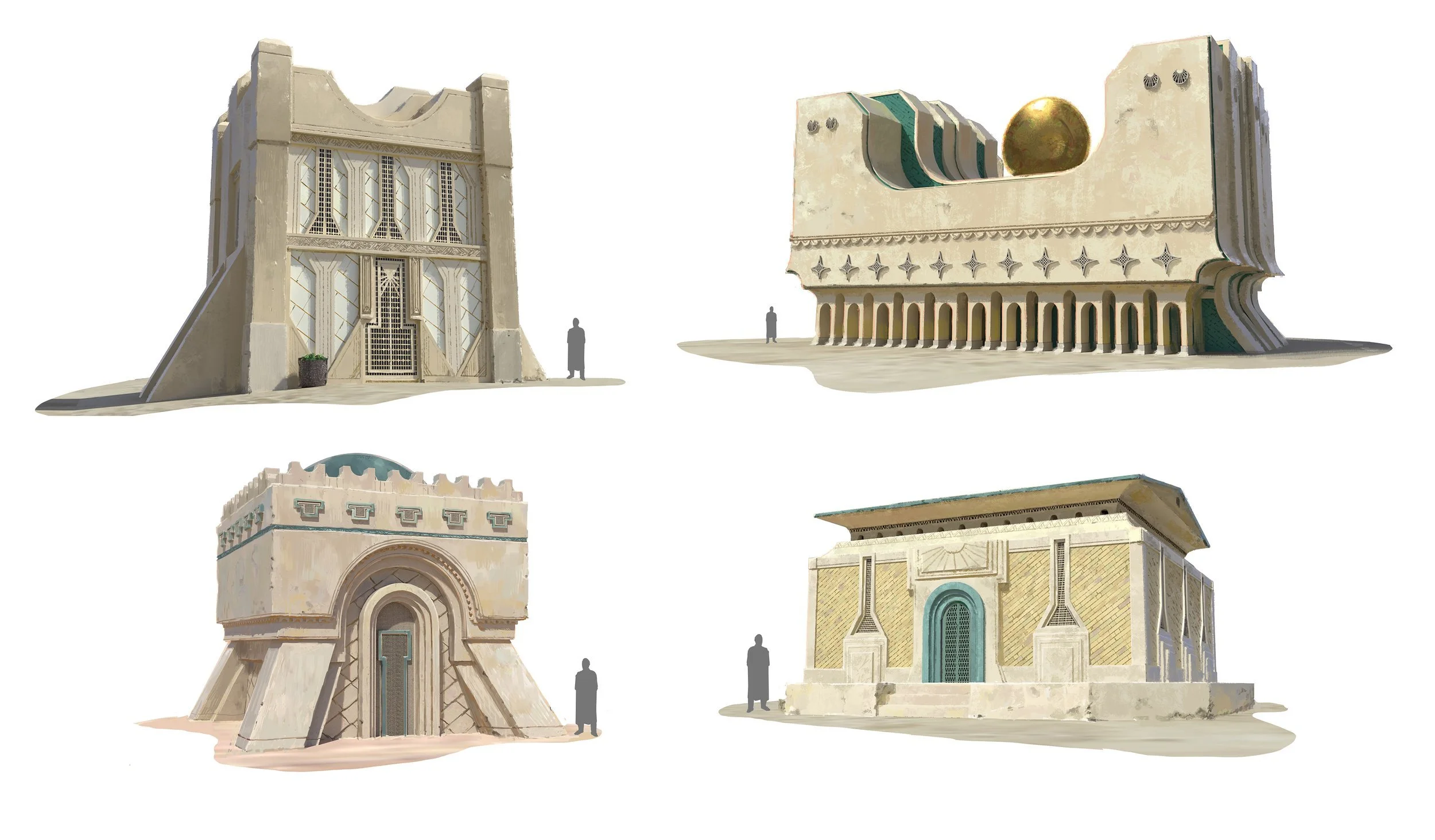 Four different stylized architectural buildings with human figures for scale, featuring intricate designs and diverse styles.