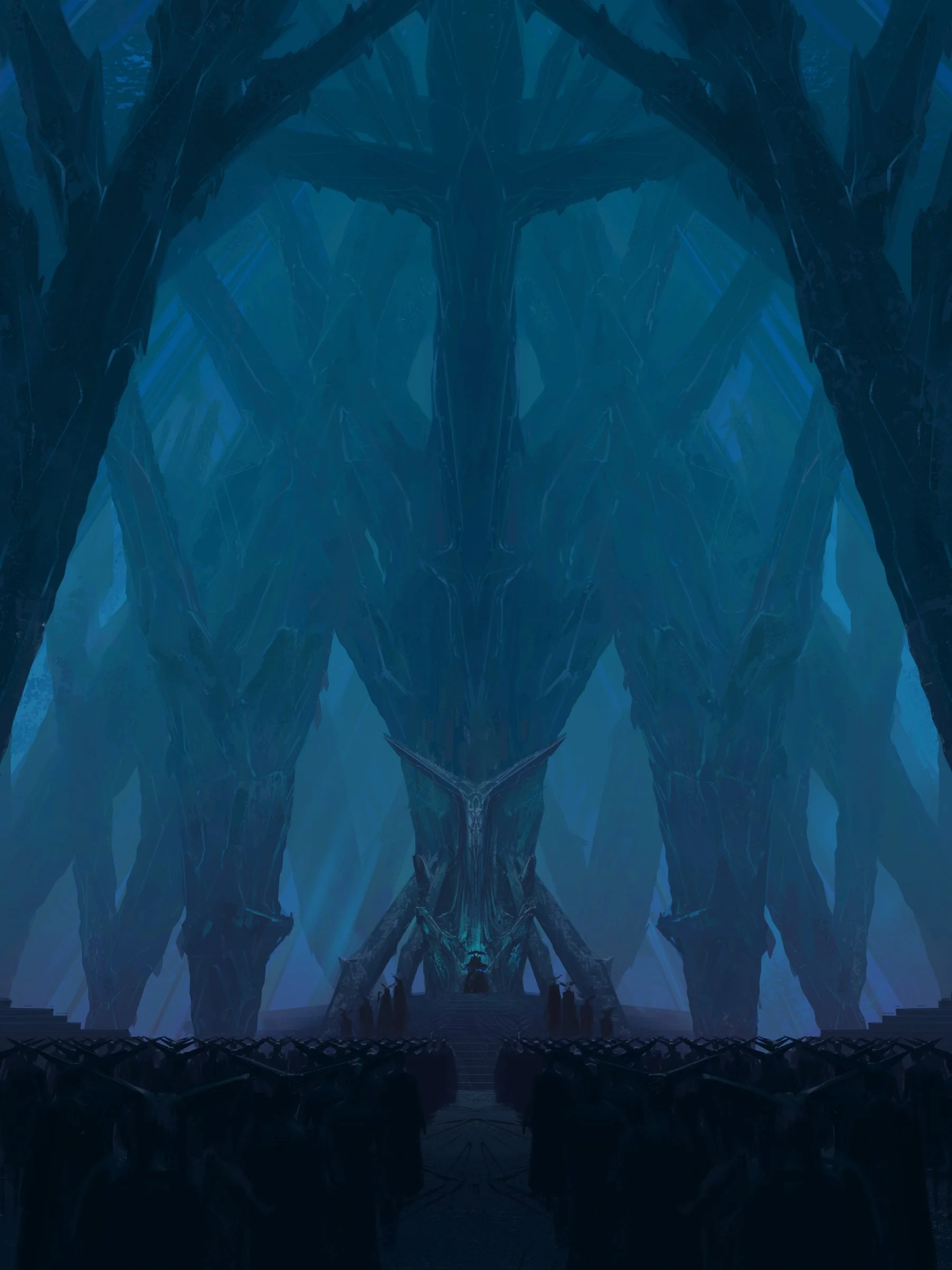 A large, dark blue underground chamber with towering, jagged walls and ceiling, featuring a central throne or altar with an intricate, sharp design.