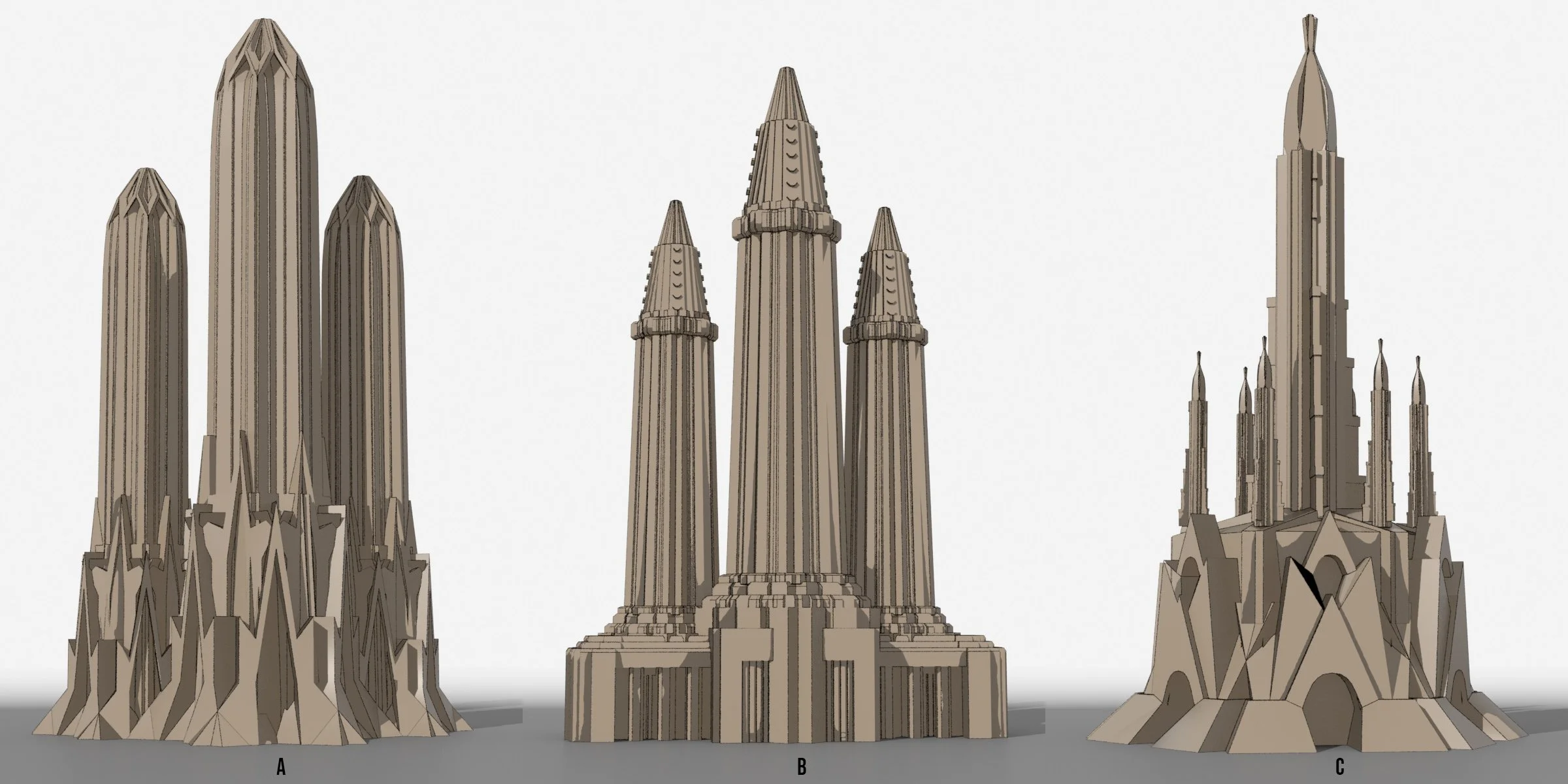 Three digital models of stylized architectural towers labeled A, B, and C, with distinct designs and details.