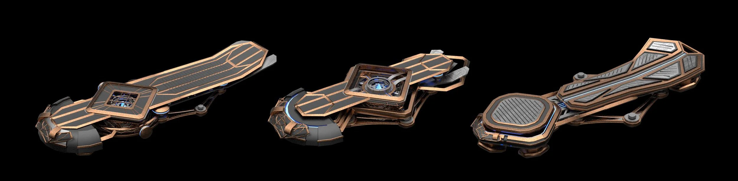 Three futuristic hoverboards with metallic and black design, various shapes, and glowing blue accents, displayed against a black background.