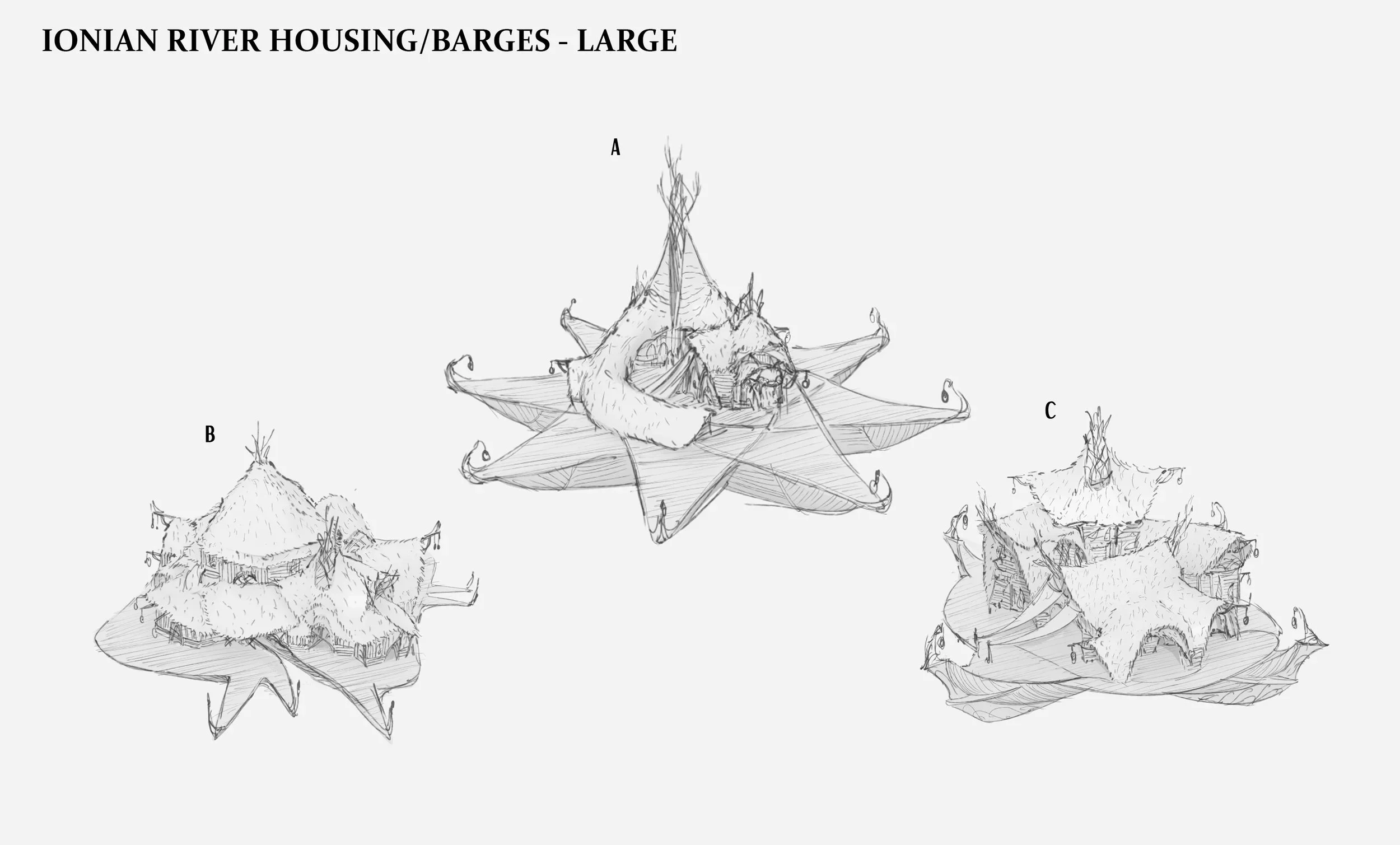 Sketch of three large floating housing structures named Ionian River Housing/Barges in different stages of design, labeled A, B, and C. All structures are built on floating platforms with thatched roofs and unique shapes, featuring multiple levels an