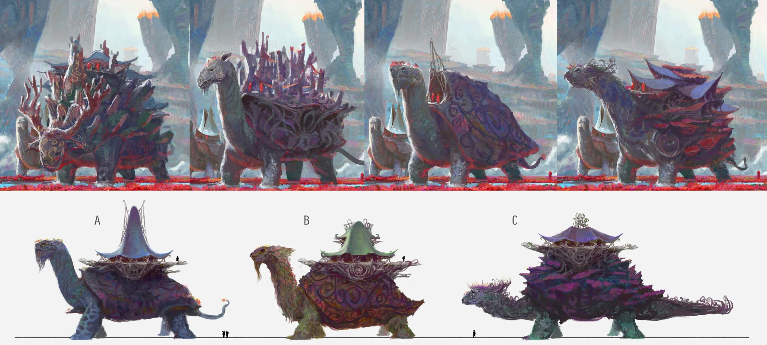 A series of artistic illustrations of a fantastical creature resembling a turtle with an elaborate shell and a dragon-like head. The creature's shell features intricate swirling patterns and various structures, sometimes with what appear to be small 